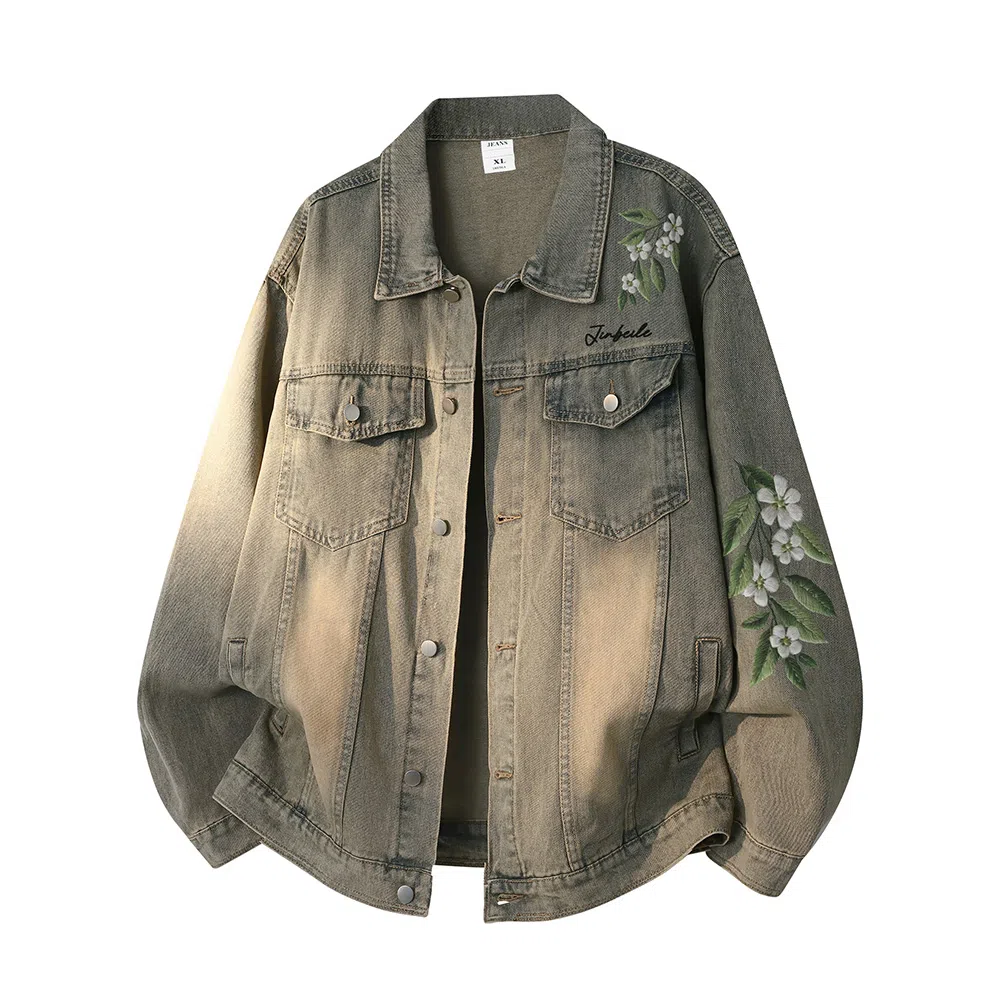 金贝勒 美式复古高街手绘立体仿刺绣花卉字母印花水洗做旧拼接翻领秋装夹克无性别主义百搭宽松长袖单排扣牛仔外套 男女同款