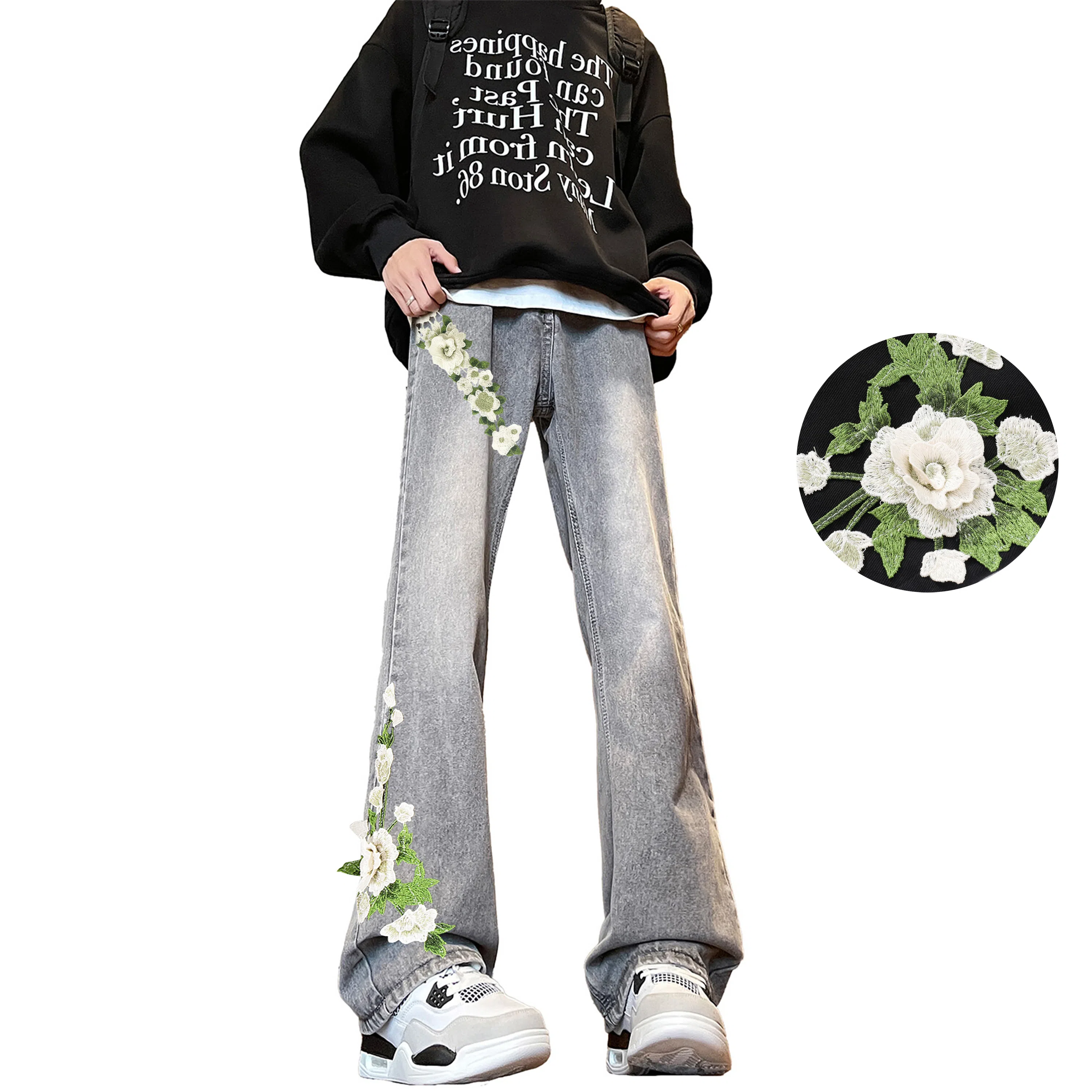 【万针刺绣3D立体浮雕】布客行 重工美式复古水洗直筒基础款花卉透气高街舒适亲肤休闲百搭微喇纯色显腿长显高显瘦长裤牛仔裤 男女同款