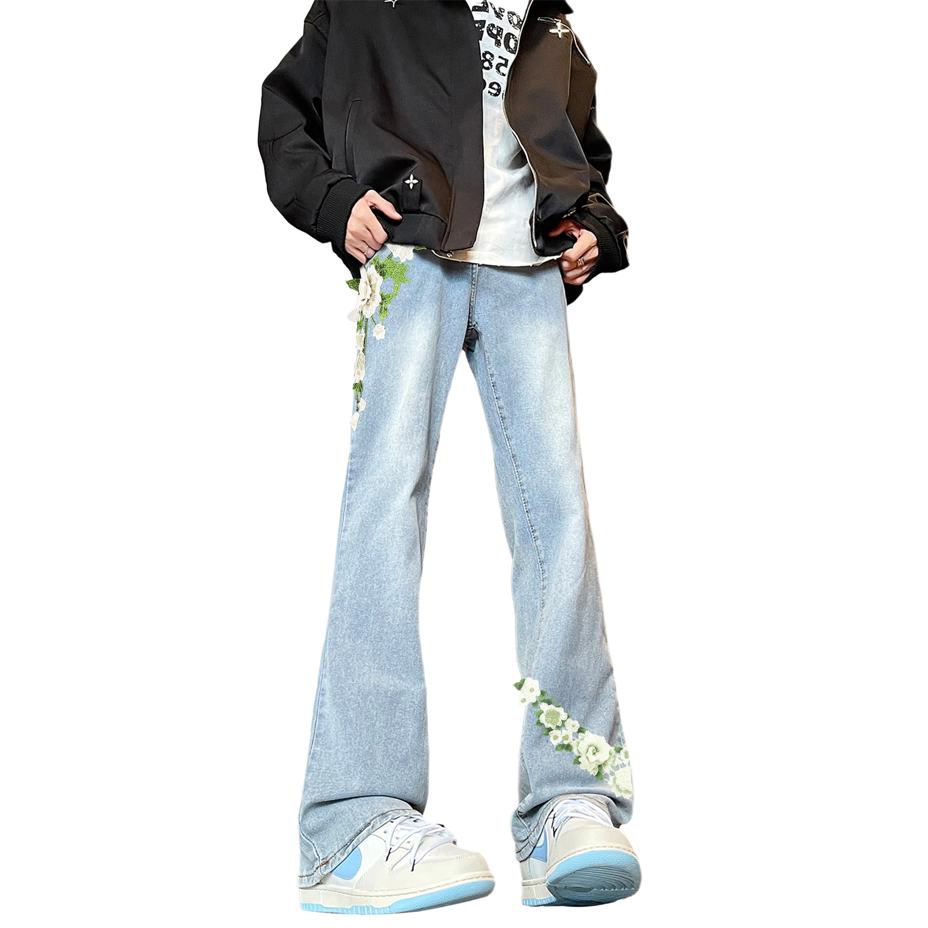 【万针刺绣3D立体浮雕】布客行  重工美式复古水洗基础款直筒高街舒适亲肤透气休闲百搭微喇纯色长裤显高显瘦显腿长弹力牛仔裤 男女同款