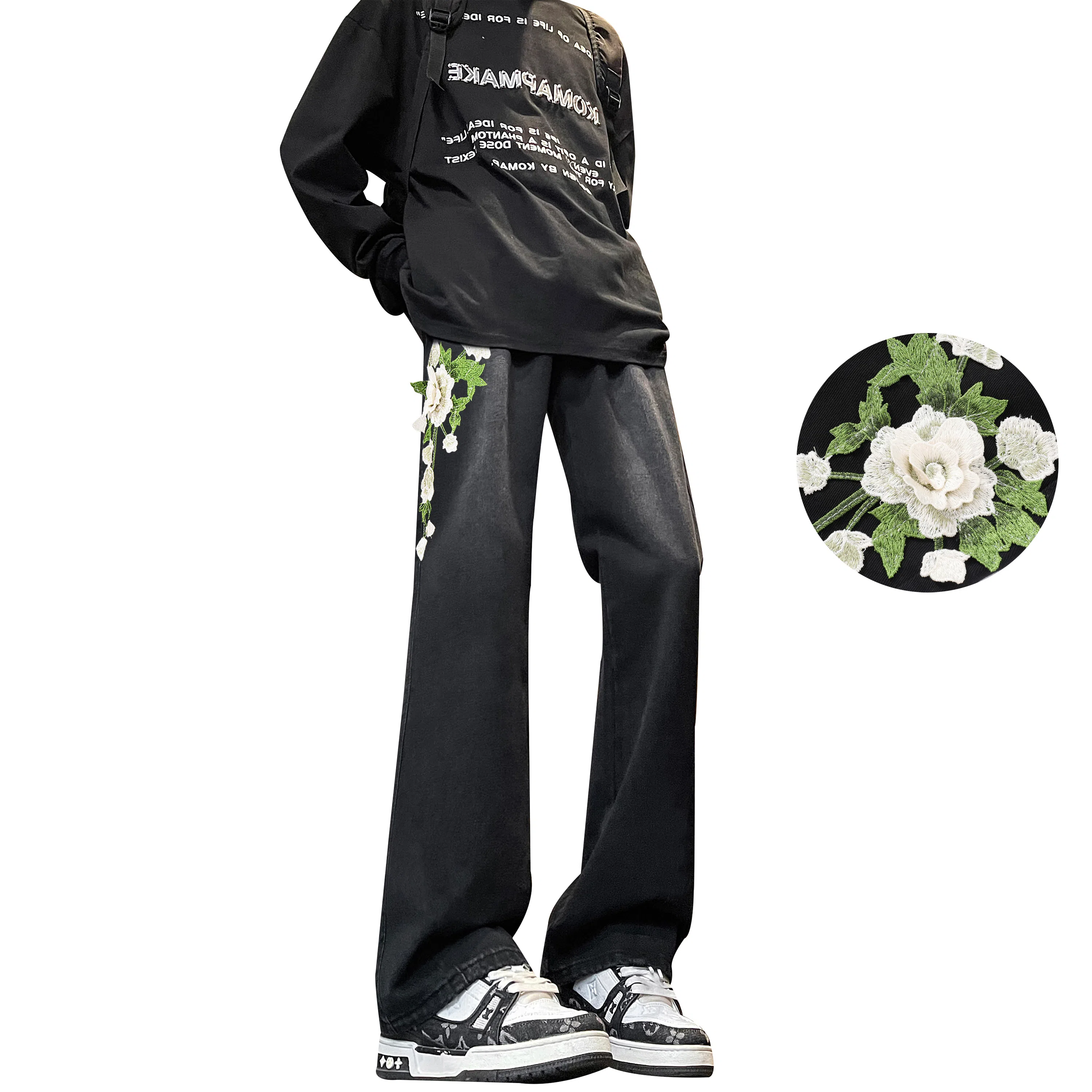 【万针刺绣3D立体浮雕】布客行 显腿长显高显瘦重工美式复古水洗直筒基础款文艺风花卉透气高街舒适亲肤休闲百搭微喇长裤牛仔裤 男女同款