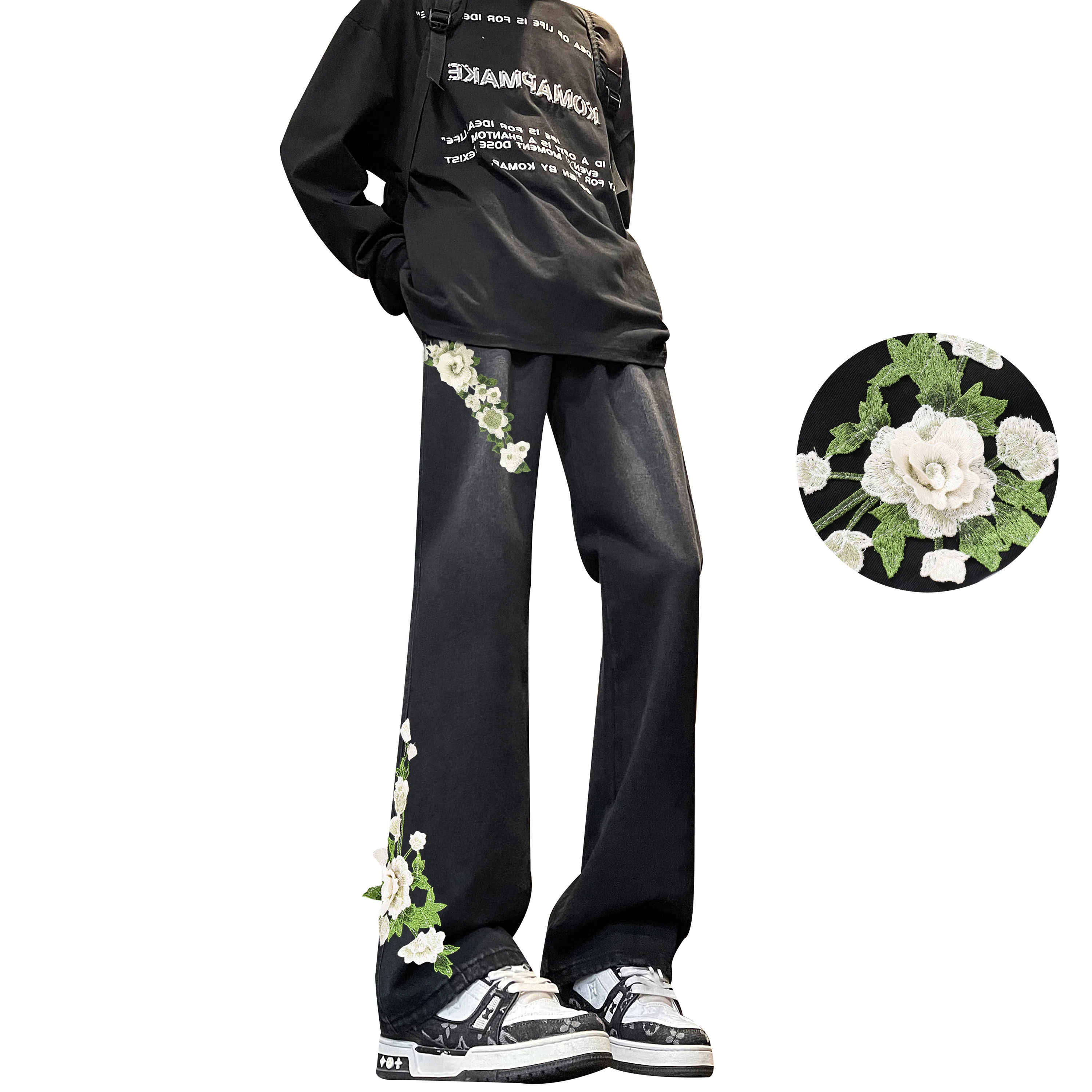 【万针刺绣3D立体浮雕】布客行 重工美式复古水洗直筒基础款花卉透气高街舒适亲肤休闲百搭微喇纯色显腿长显高显瘦长裤牛仔裤 男女同款