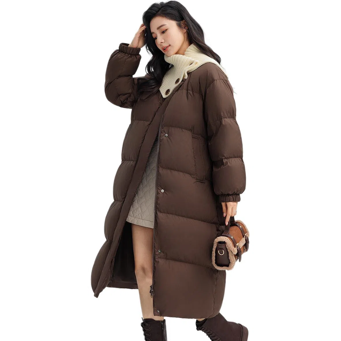 鸭鸭 长款针织拼接翻领通勤洋气保暖舒适冬装外套上衣羽绒服 女款