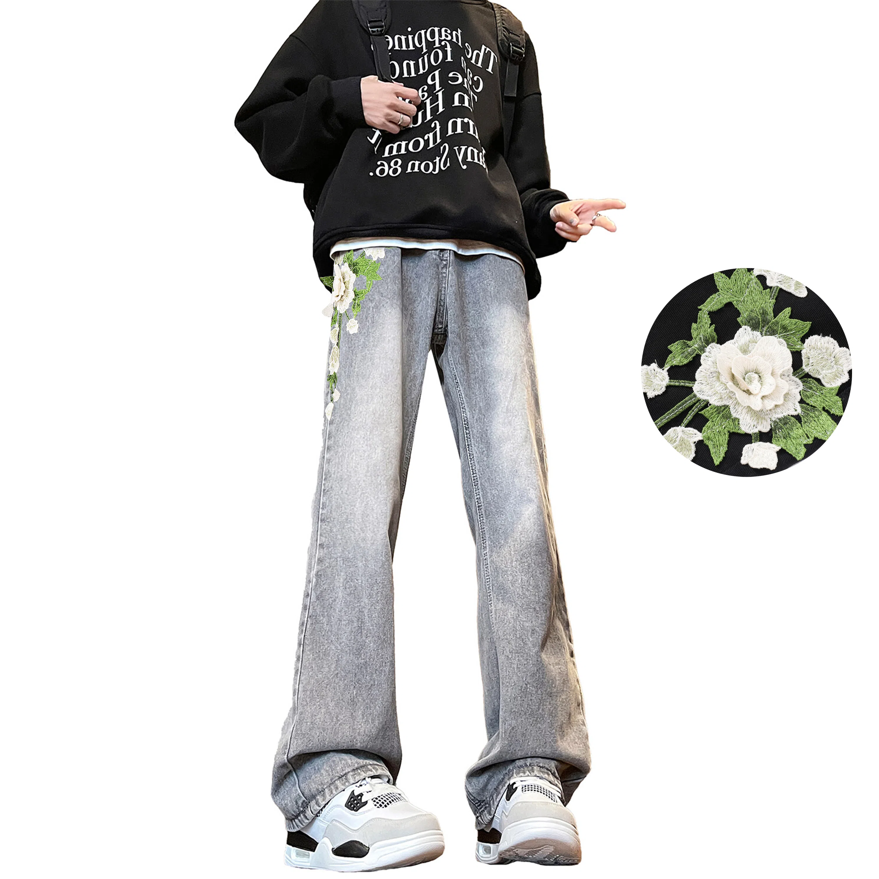 【万针刺绣3D立体浮雕】布客行 显腿长显高显瘦重工美式复古水洗直筒基础款文艺风花卉透气高街舒适亲肤休闲百搭微喇长裤牛仔裤 男女同款