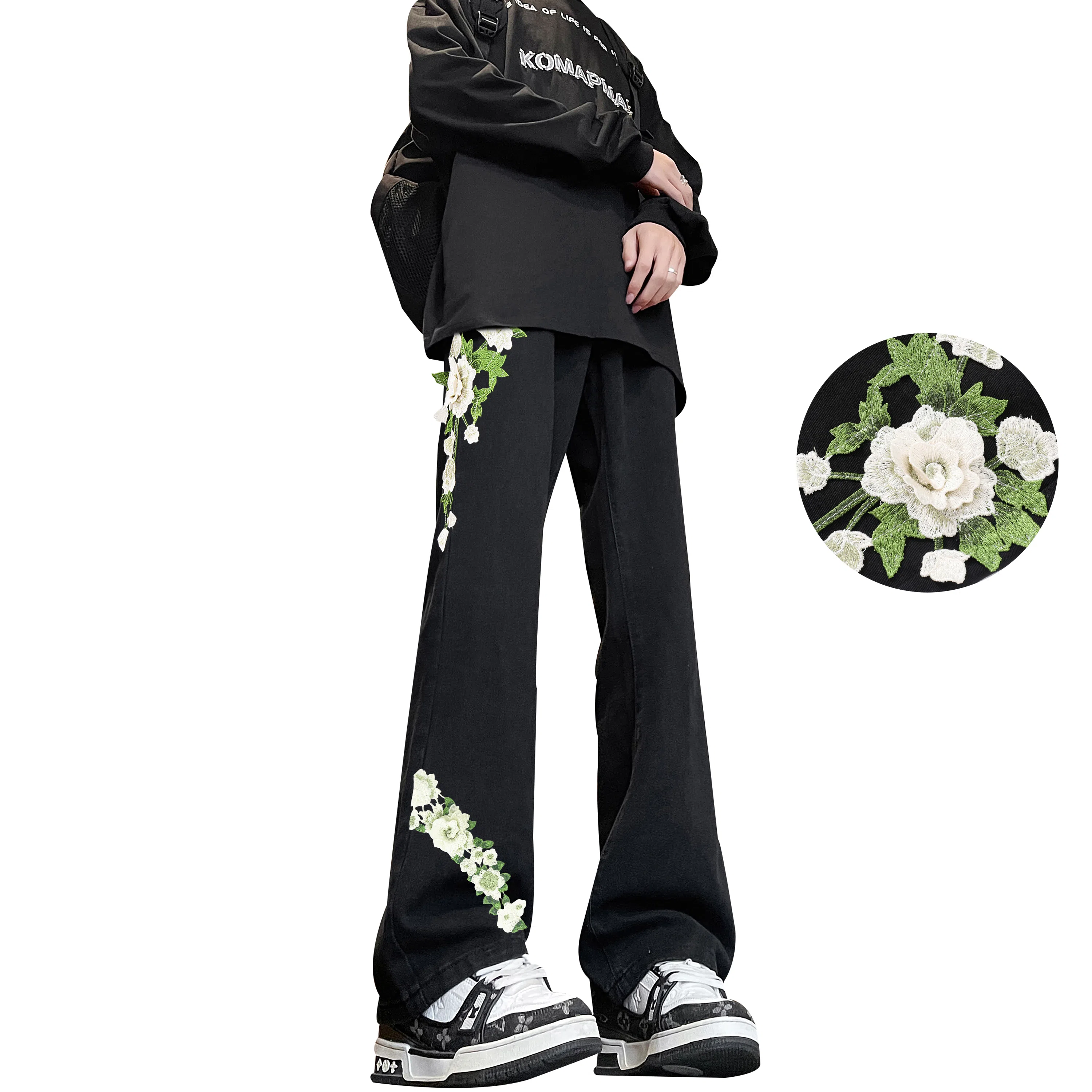 【万针刺绣3D立体浮雕】布客行 显腿长显高显瘦重工美式高街复古水洗直筒基础款花卉透气舒适亲肤休闲百搭微喇长裤牛仔裤 男女同款