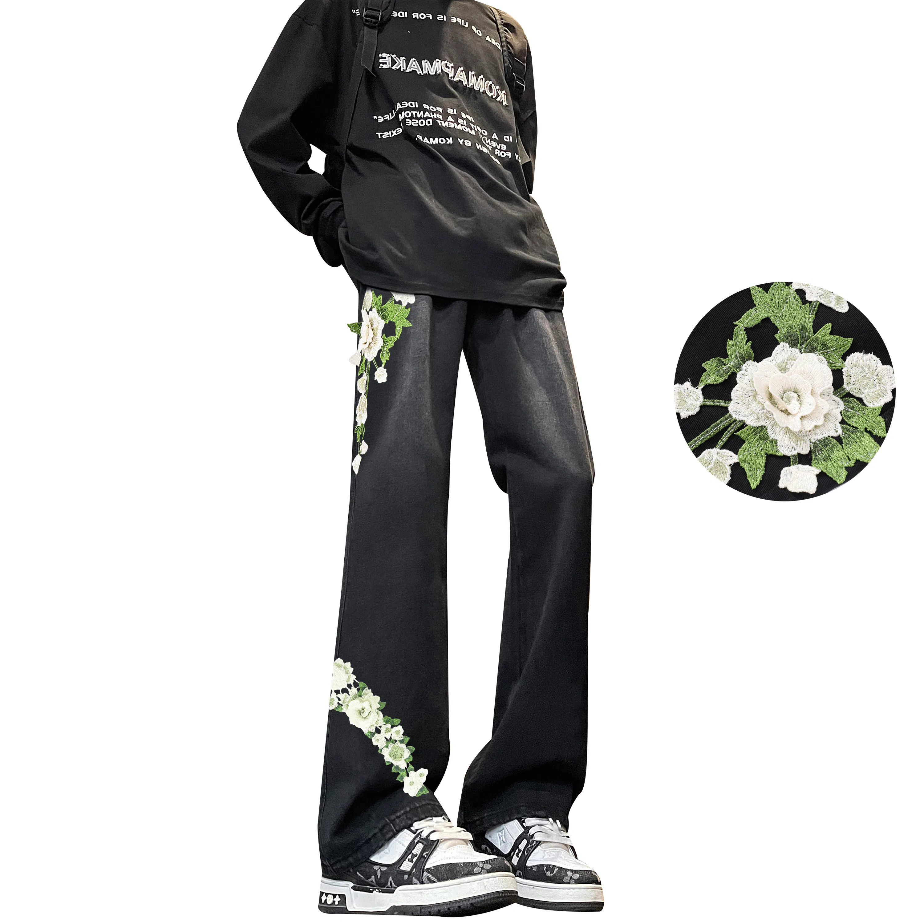 【万针刺绣3D立体浮雕】布客行 显腿长显高显瘦重工美式高街复古水洗直筒基础款花卉透气舒适亲肤休闲百搭微喇长裤牛仔裤 男女同款