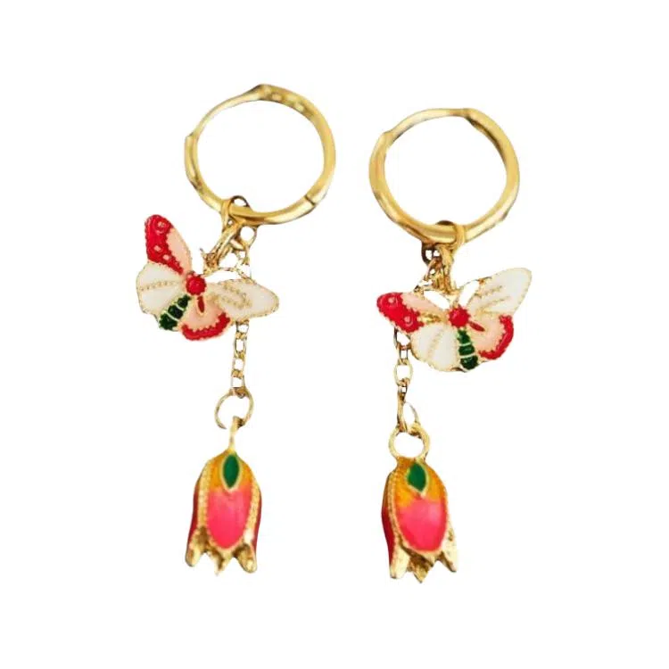 彤彤兔 新中式滴油蝴蝶花朵耳扣中国风气质耳钉高级感通勤耳饰#好运 合金 耳环 女款