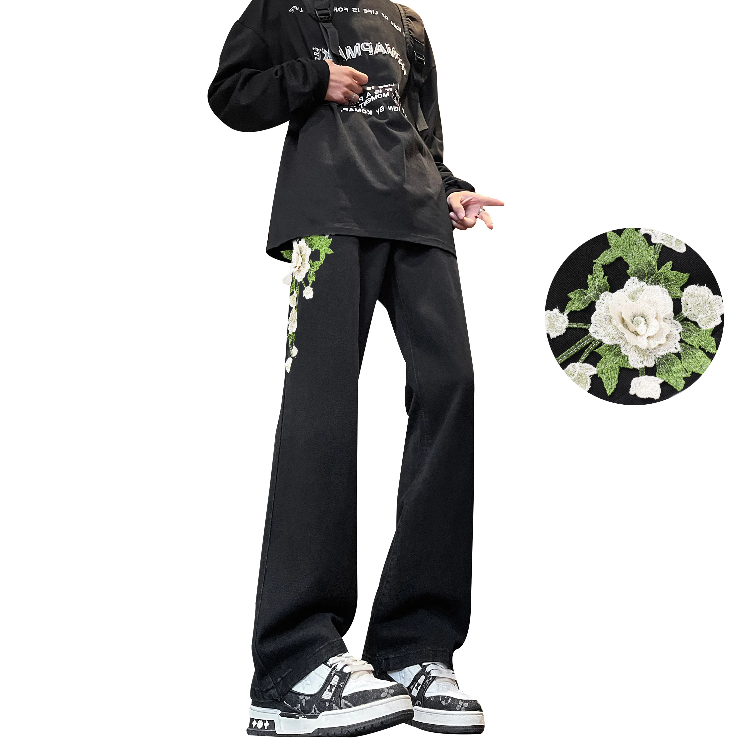 【万针刺绣3D立体浮雕】布客行 显腿长显高显瘦重工美式复古水洗直筒基础款文艺风花卉透气高街舒适亲肤休闲百搭微喇长裤牛仔裤 男女同款