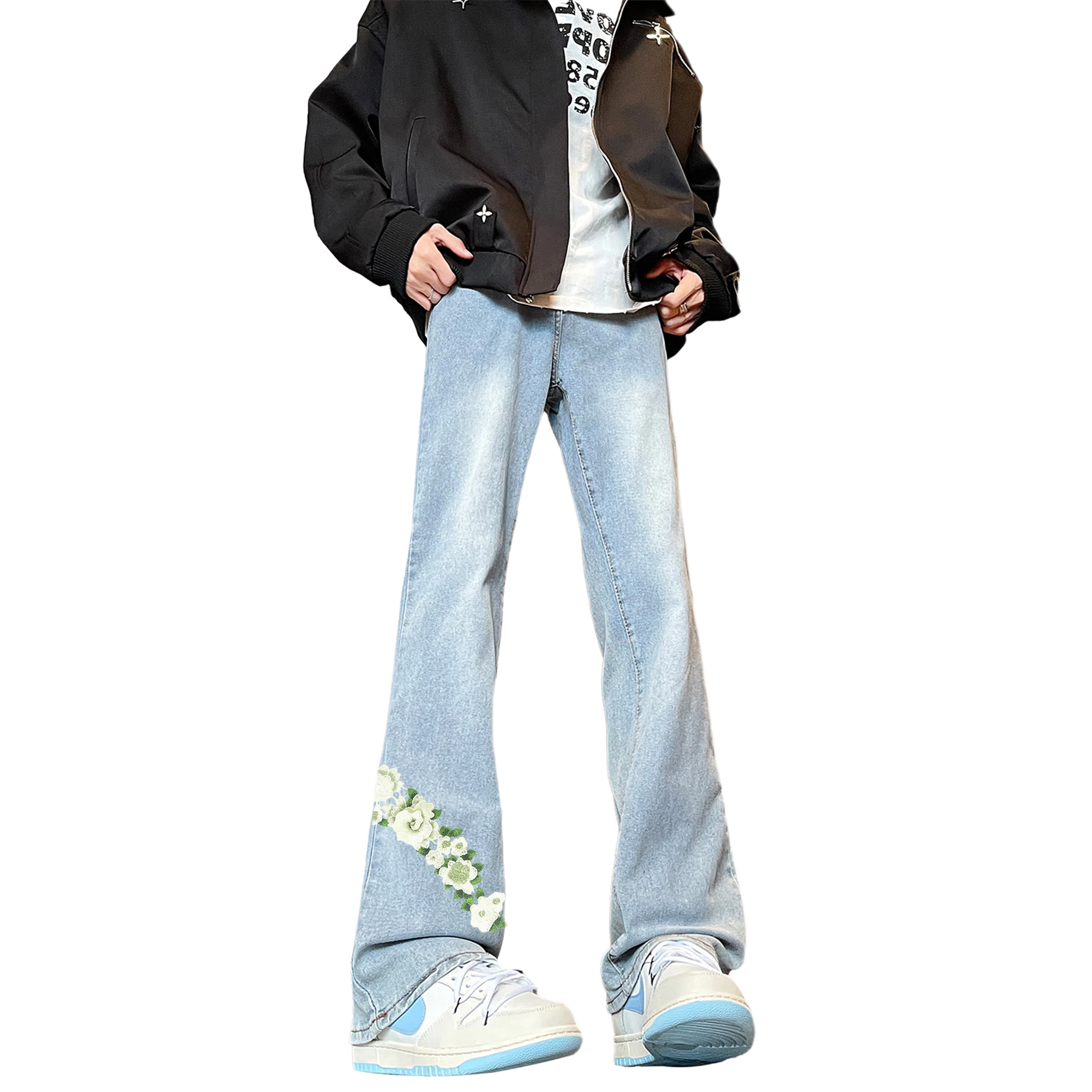 【万针刺绣3D立体浮雕】布客行 美式重工复古水洗基础款直筒高街舒适亲肤透气休闲百搭微喇纯色长裤显高显瘦显腿长弹力牛仔裤 男女同款