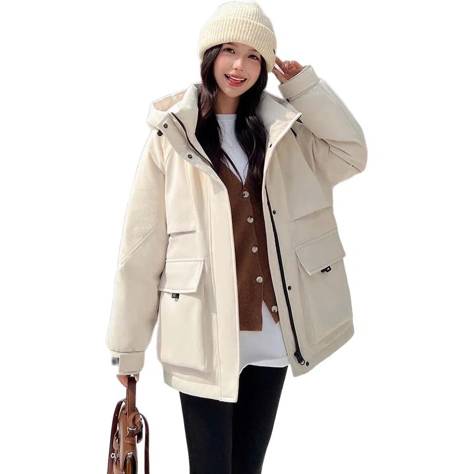 鸭鸭 纯色简约连帽常规长袖通勤面包服羽绒服 女款