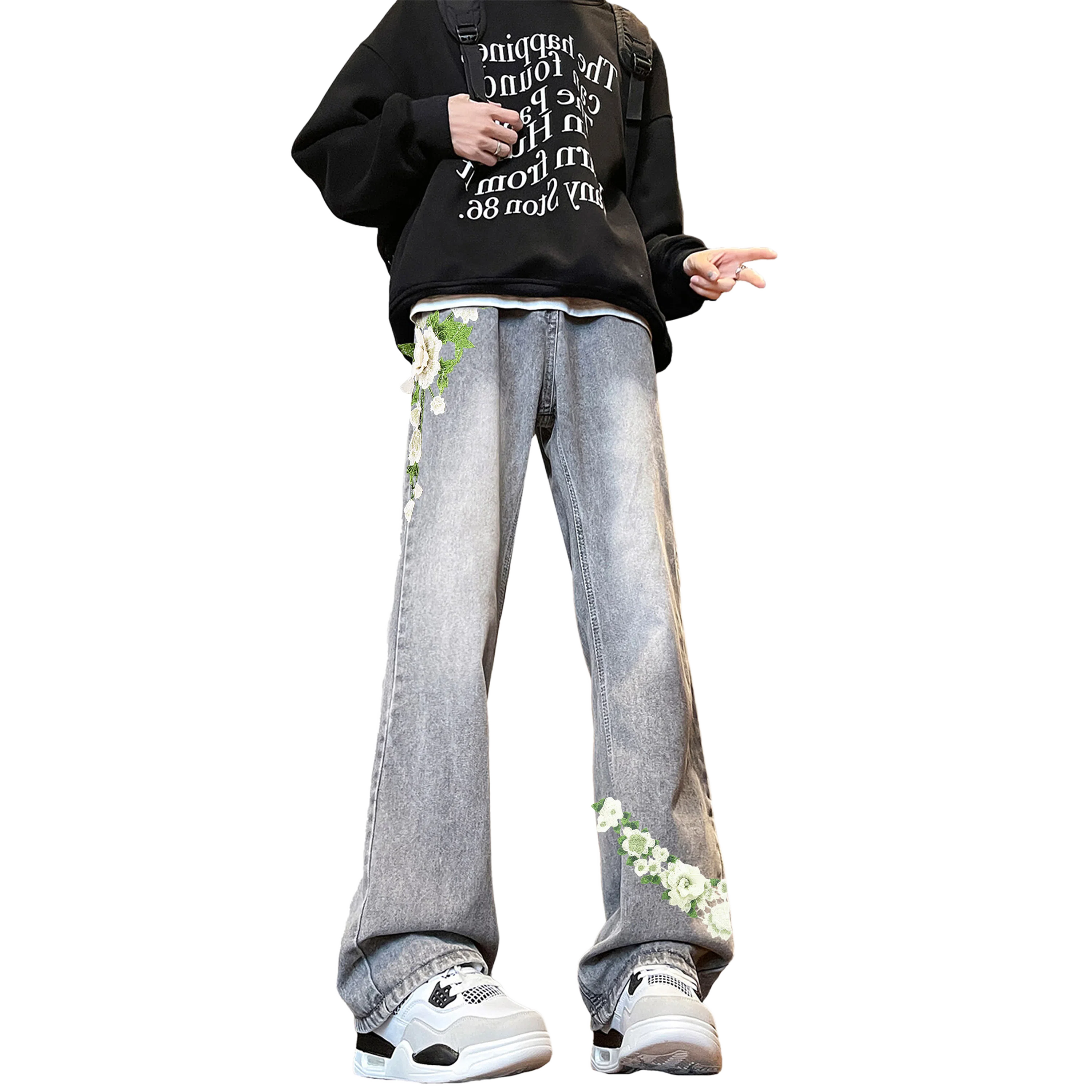 【万针刺绣3D立体浮雕】布客行  重工美式复古水洗基础款直筒高街舒适亲肤透气休闲百搭微喇纯色长裤显高显瘦显腿长弹力牛仔裤 男女同款