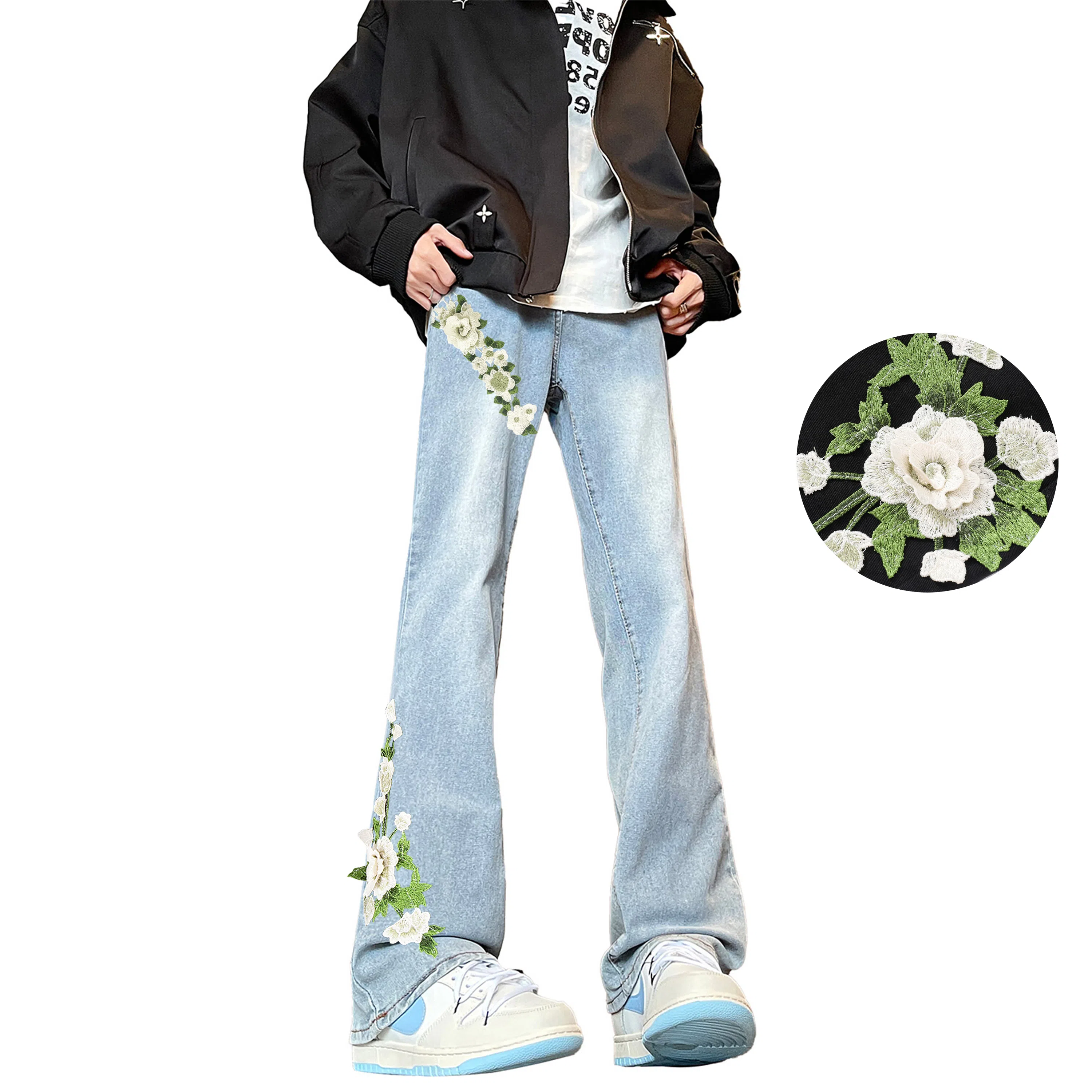 【万针刺绣3D立体浮雕】布客行 重工美式复古水洗直筒基础款花卉透气高街舒适亲肤休闲百搭微喇纯色显腿长显高显瘦长裤牛仔裤 男女同款