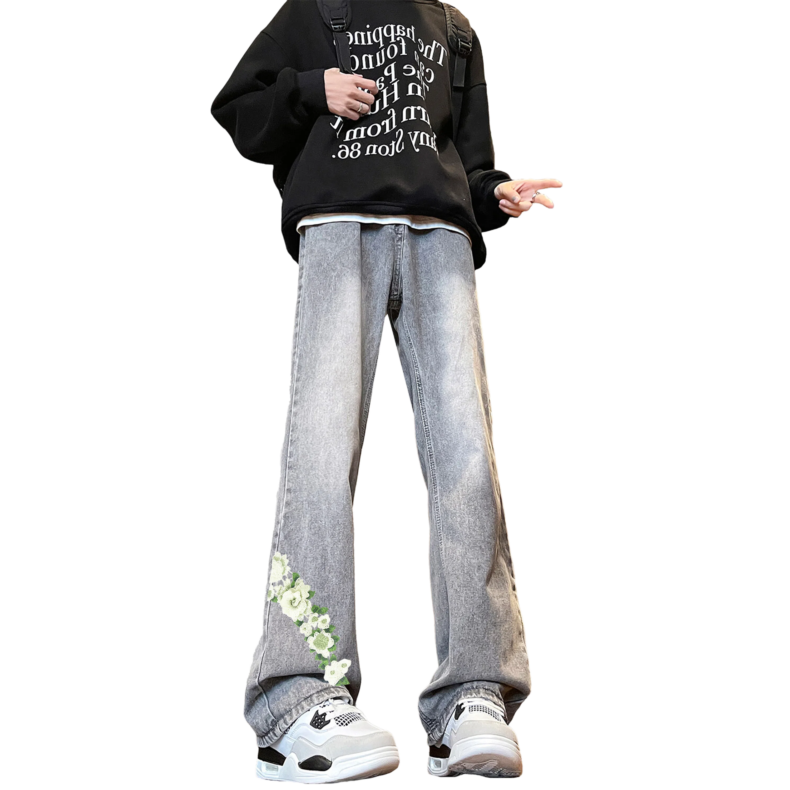 【万针刺绣3D立体浮雕】布客行 美式重工复古水洗基础款直筒高街舒适亲肤透气休闲百搭微喇纯色长裤显高显瘦显腿长弹力牛仔裤 男女同款