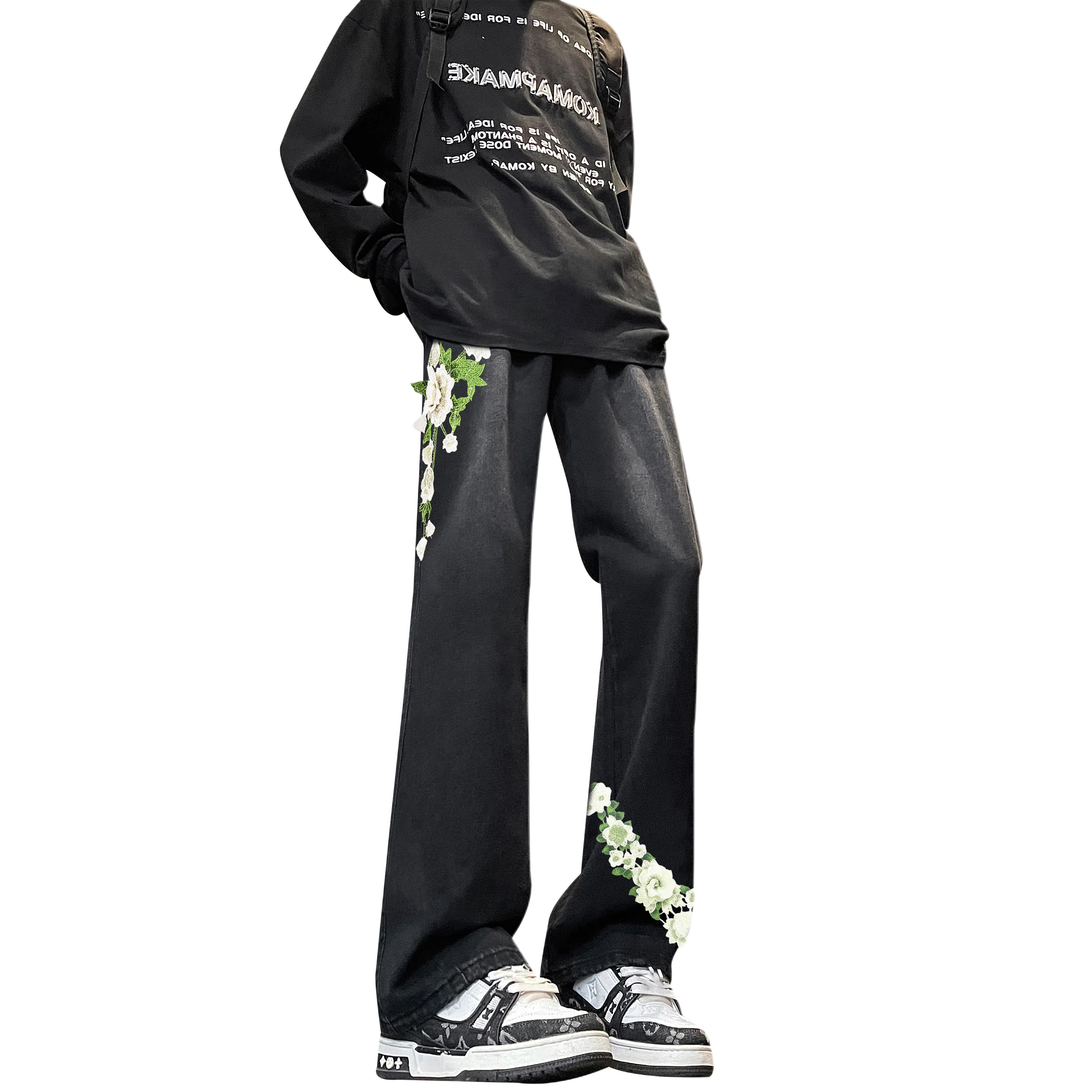 【万针刺绣3D立体浮雕】布客行  重工美式复古水洗基础款直筒高街舒适亲肤透气休闲百搭微喇纯色长裤显高显瘦显腿长弹力牛仔裤 男女同款