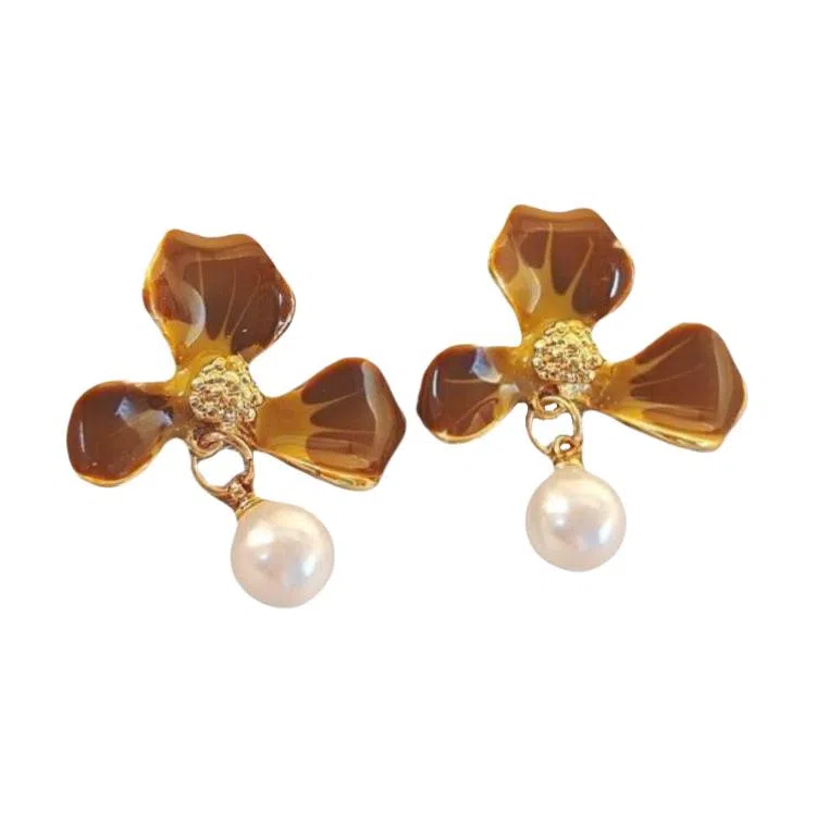 彤彤兔 韩系美拉德咖色系渐变花瓣耳环女独特气质小众设计感耳饰 合金树脂 耳钉 女款