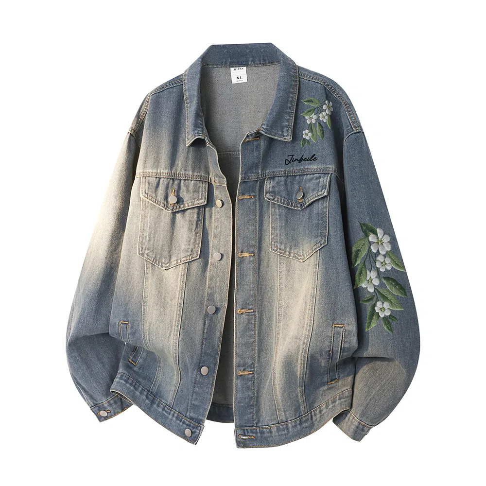 金贝勒 美式复古高街手绘立体仿刺绣花卉字母印花水洗做旧拼接翻领秋装夹克无性别主义百搭宽松长袖单排扣牛仔外套 男女同款