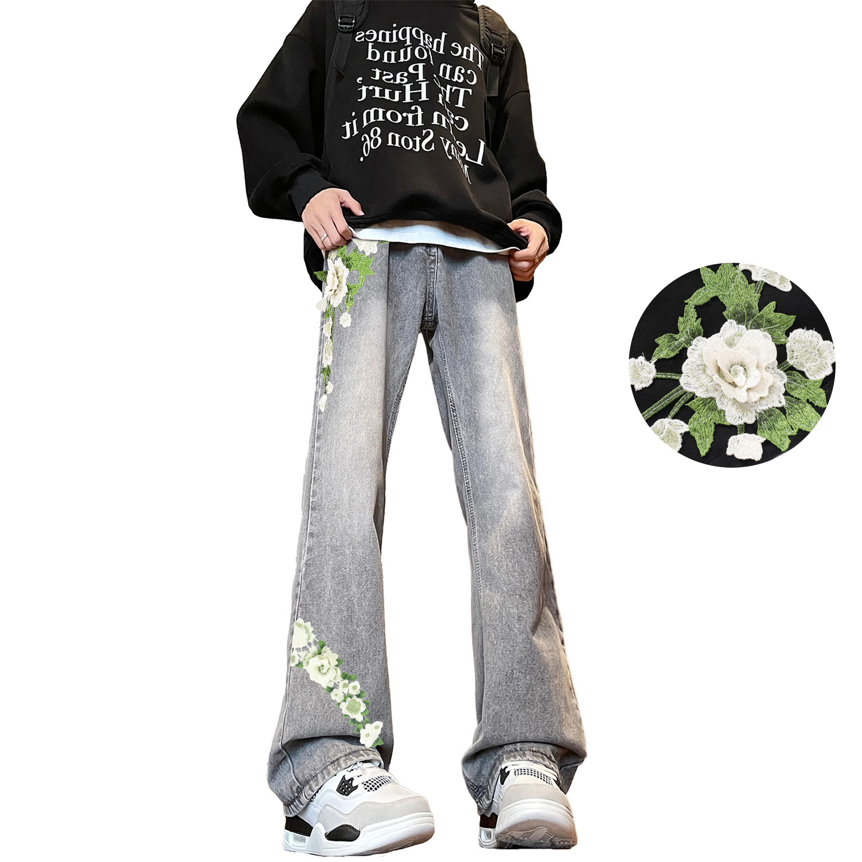 【万针刺绣3D立体浮雕】布客行 显腿长显高显瘦重工美式高街复古水洗直筒基础款花卉透气舒适亲肤休闲百搭微喇长裤牛仔裤 男女同款