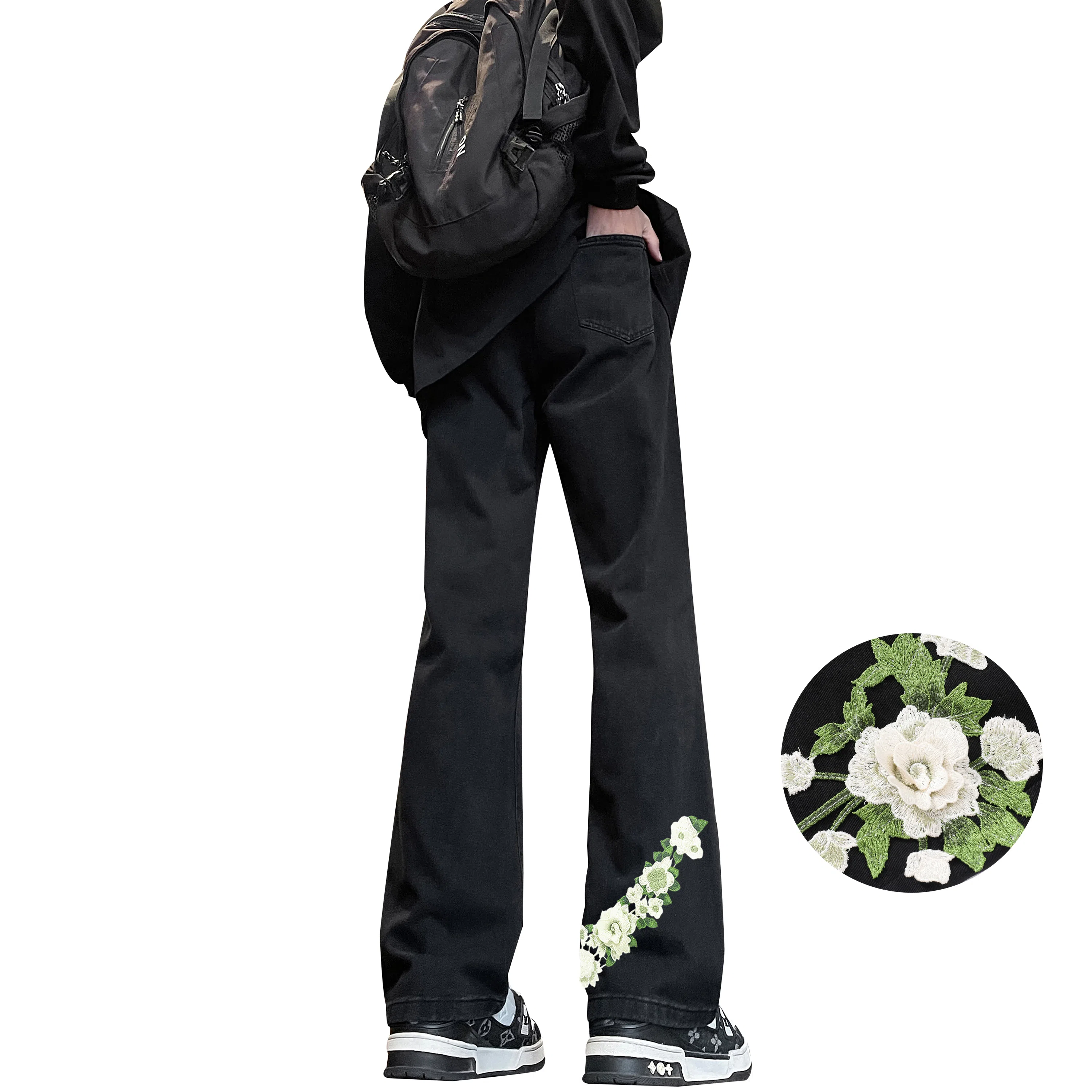 【万针刺绣3D立体浮雕】布客行 显腿长显高显瘦重工美式复古水洗直筒花卉透气高街舒适亲肤休闲百搭微喇长裤文艺风基础款牛仔裤 男女同款