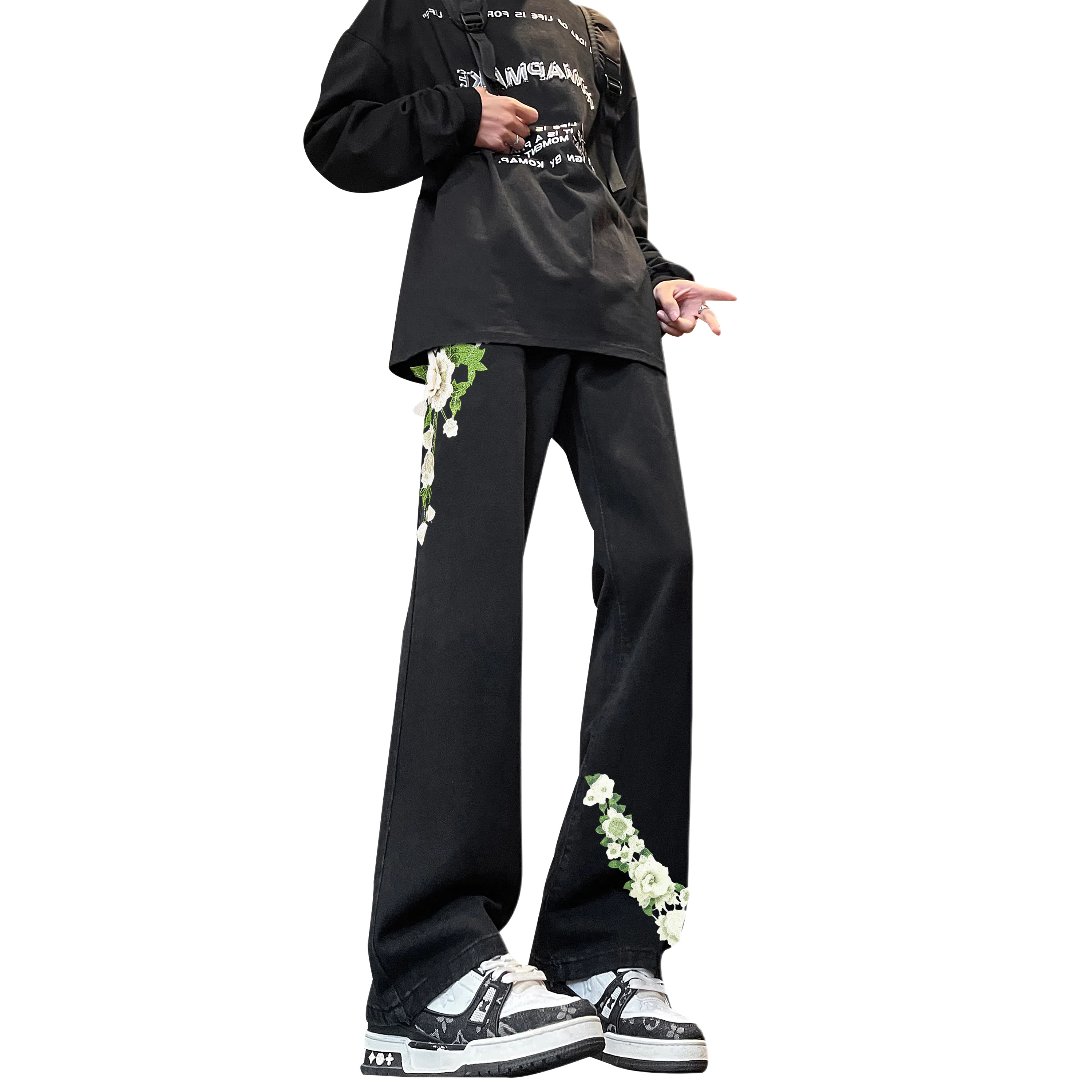 【万针刺绣3D立体浮雕】布客行  重工美式复古水洗基础款直筒高街舒适亲肤透气休闲百搭微喇纯色长裤显高显瘦显腿长弹力牛仔裤 男女同款