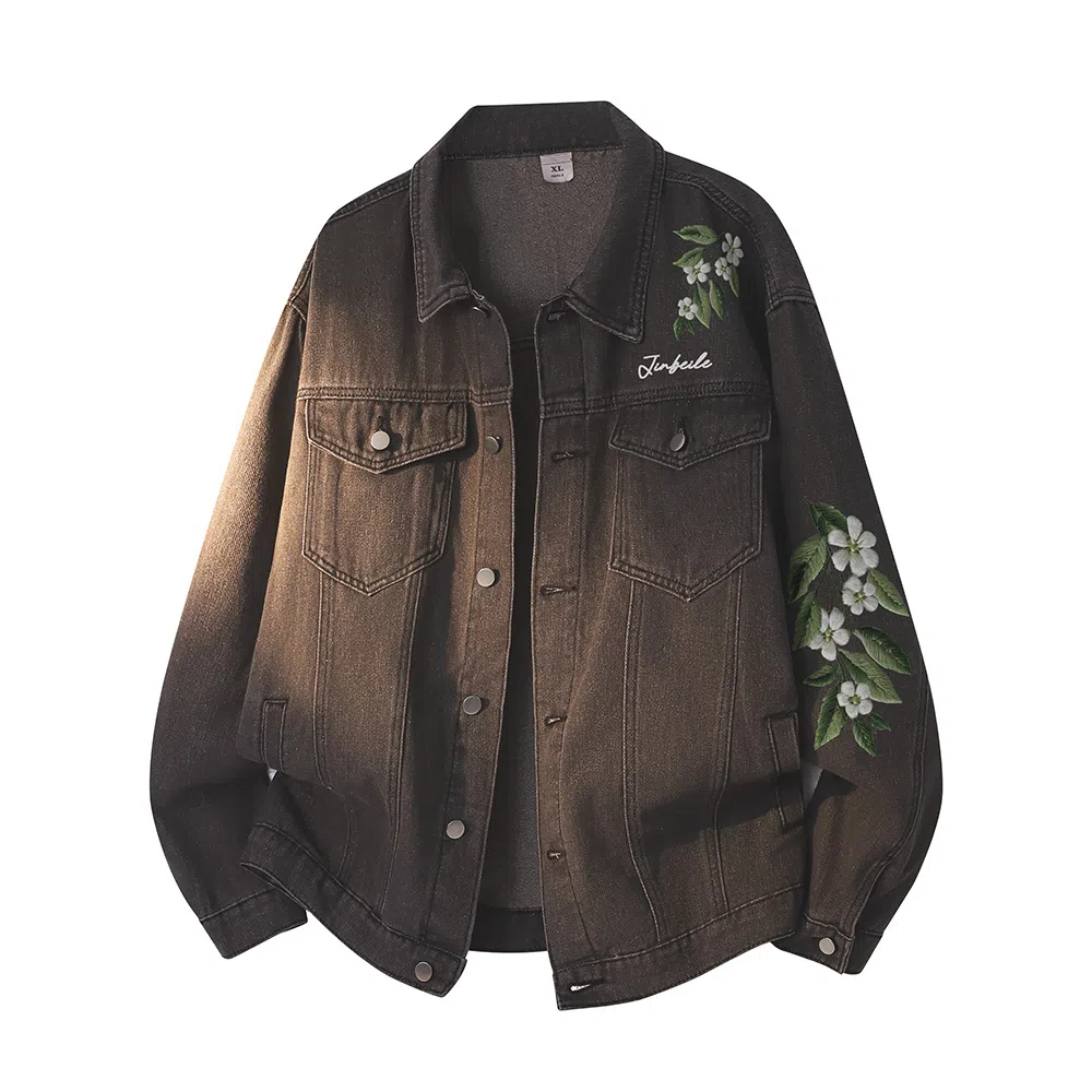 金贝勒 美式复古高街手绘立体仿刺绣花卉字母印花水洗做旧拼接翻领秋装夹克无性别主义百搭宽松长袖单排扣牛仔外套 男女同款