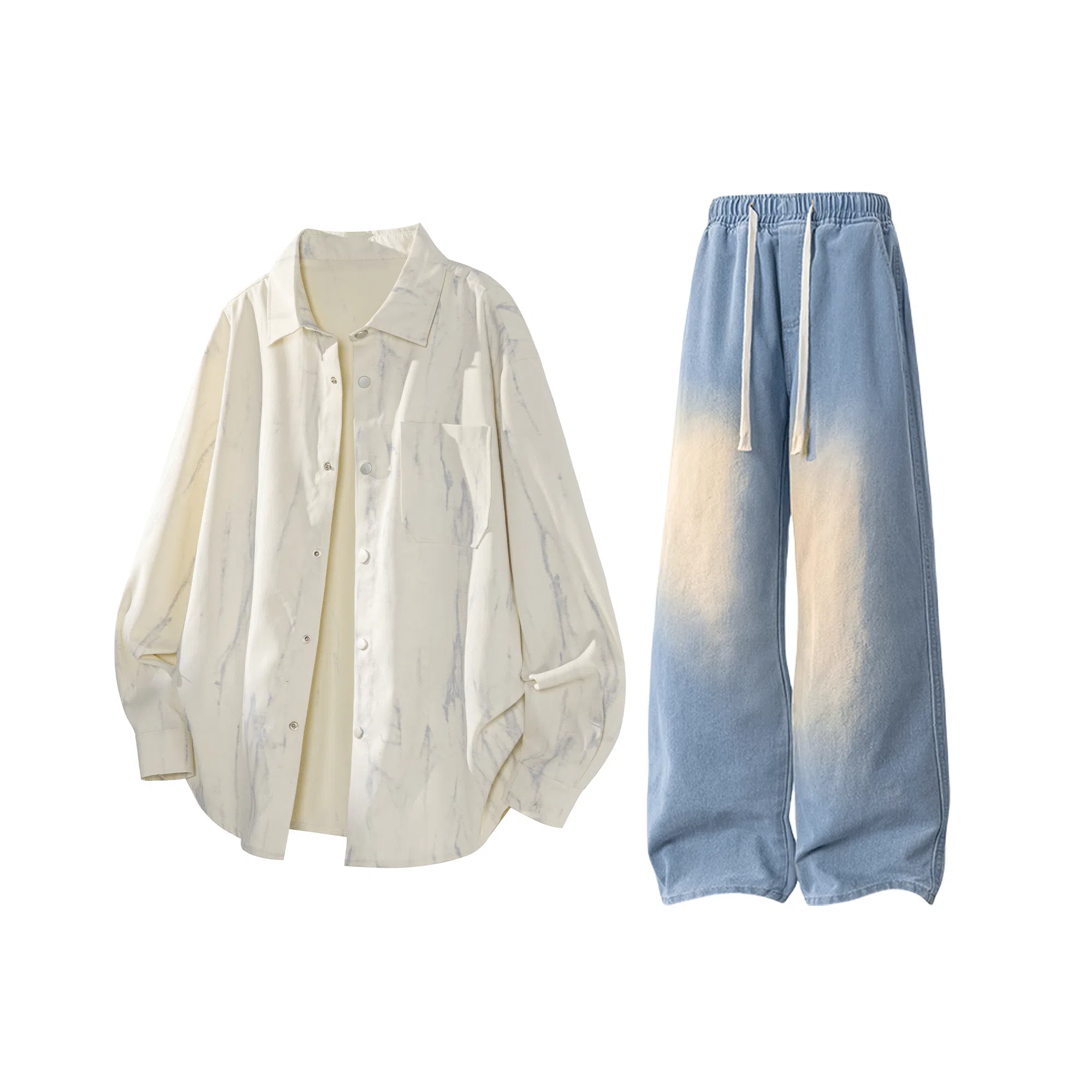 【扎染翻领脏脏开衫裤子一套】布客行 纯色晕染点缀大码百搭长袖外套抽绳松紧腰口水洗做旧阔腿牛仔通勤长裤衬衫套装 男女同款