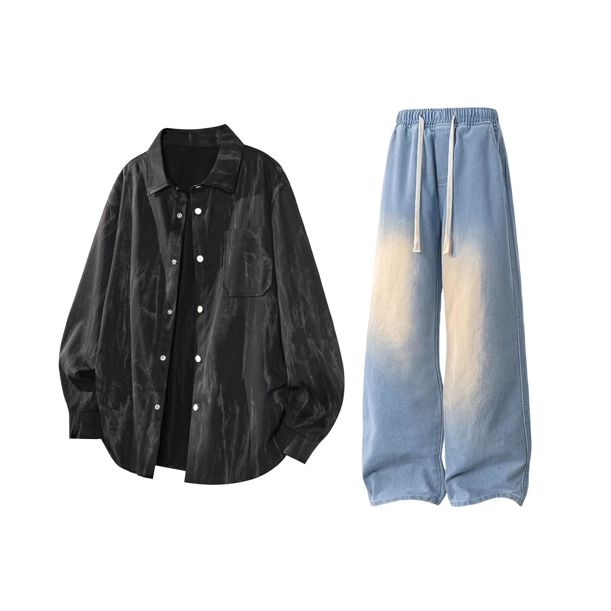 【扎染翻领脏脏开衫裤子一套】布客行 纯色晕染点缀大码百搭长袖外套抽绳松紧腰口水洗做旧阔腿牛仔通勤长裤衬衫套装 男女同款