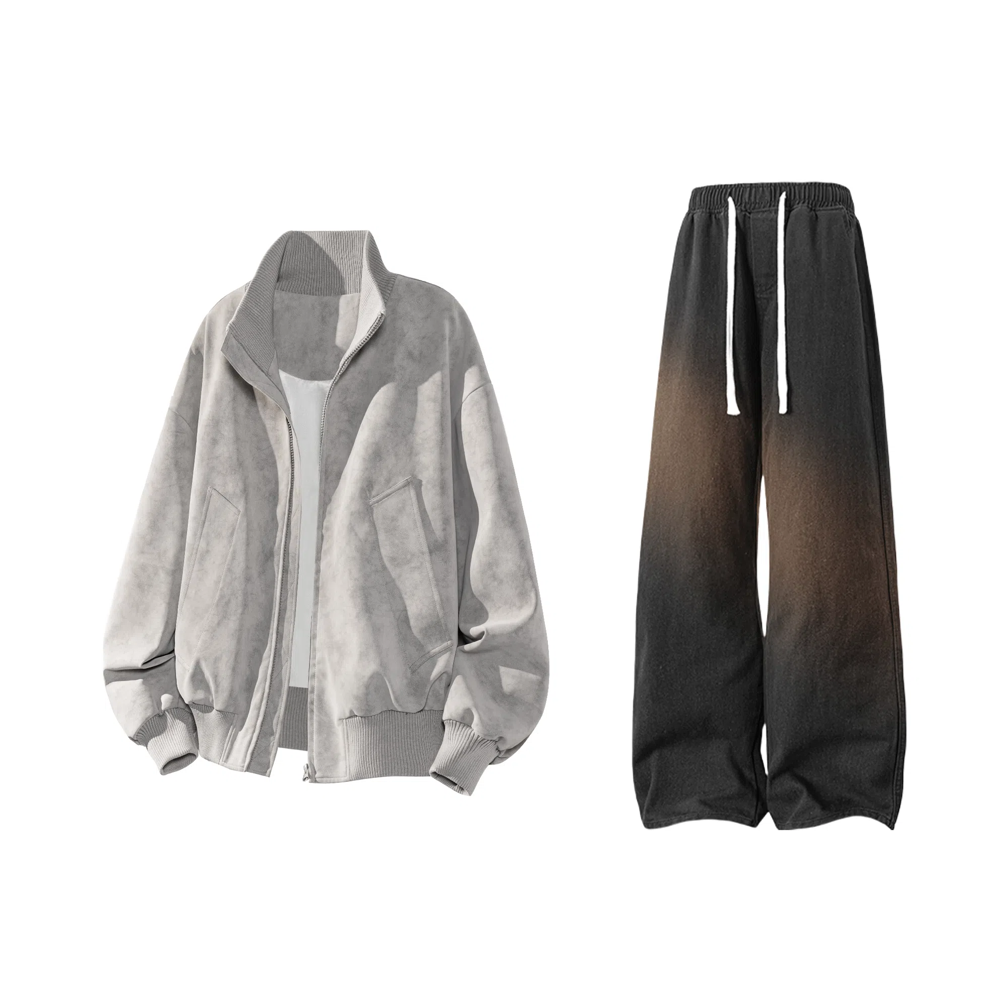 【雾面扎染设计夹克外套牛仔裤一套】布客行 防风保暖美式立领长袖宽松高街痞帅抽绳松紧水洗做旧显瘦阔腿通勤长裤休闲运动套装 男女同款