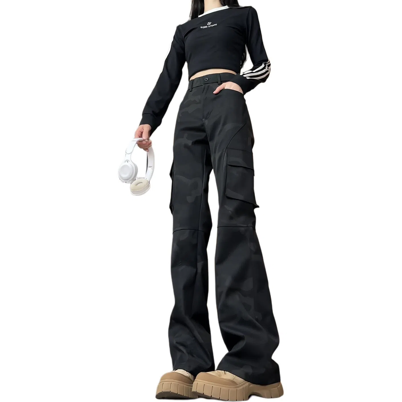 欧迪芬 美式复古迷彩工装裤情侣款秋季高腰显瘦直筒微喇裤窄版长裤休闲裤 男女同款