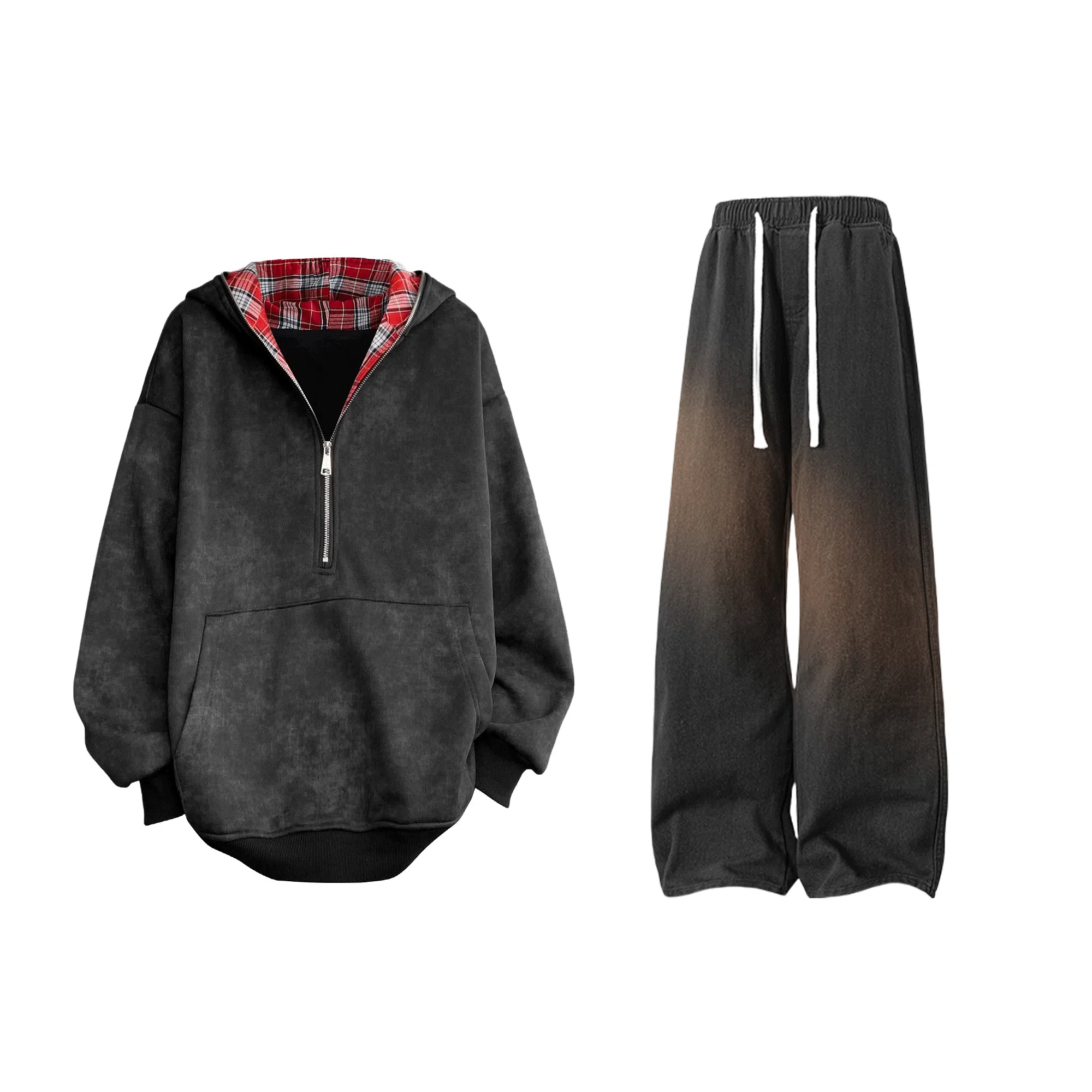 【重磅扎染脏脏衣裤子一套】布客行 美式潮牌连帽拼色拉链半开领大码长袖外套抽阔腿渐变色百搭牛仔长裤卫衣套装 男女同款