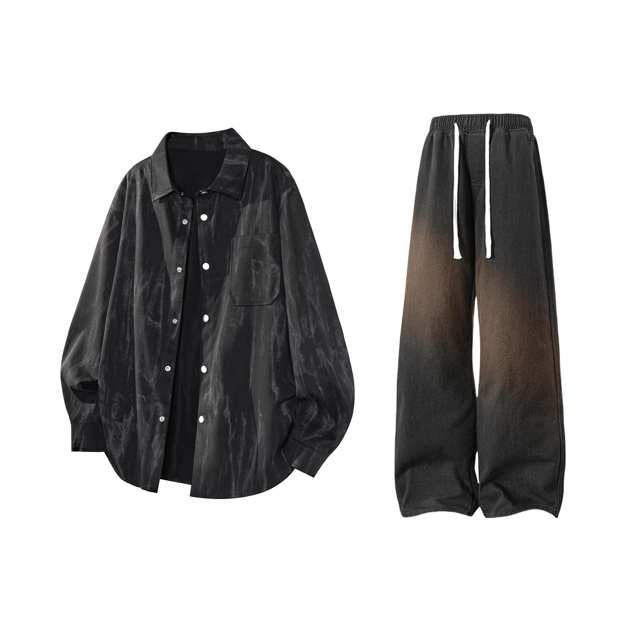 【扎染翻领脏脏开衫裤子一套】布客行 纯色晕染点缀大码百搭长袖外套抽绳松紧腰口水洗做旧阔腿牛仔通勤长裤衬衫套装 男女同款