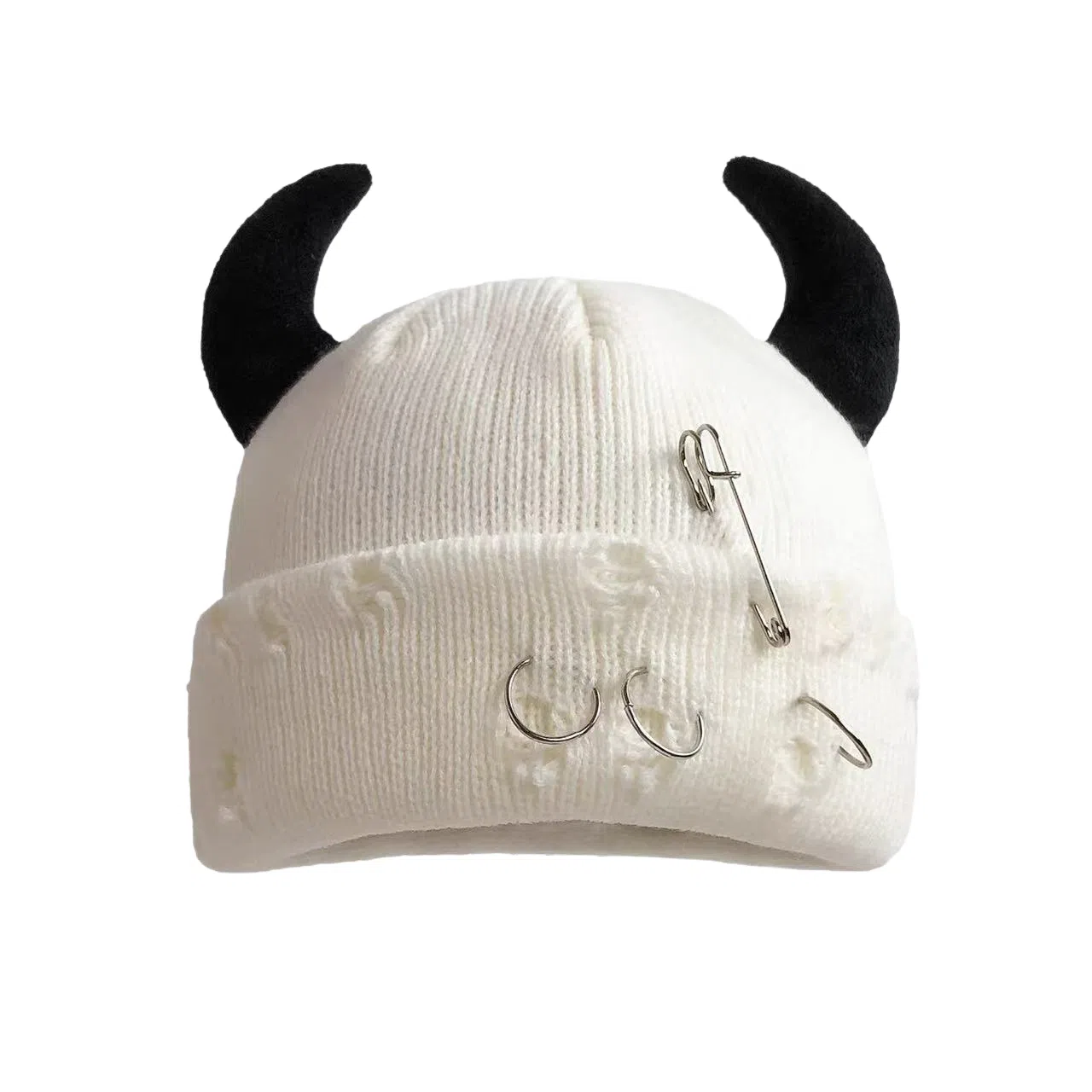 尚先生 秋冬恶魔角帽保暖针织帽万圣节别针破洞瓜皮帽#好运 毛线 牛角包头帽 男女同款情侣款