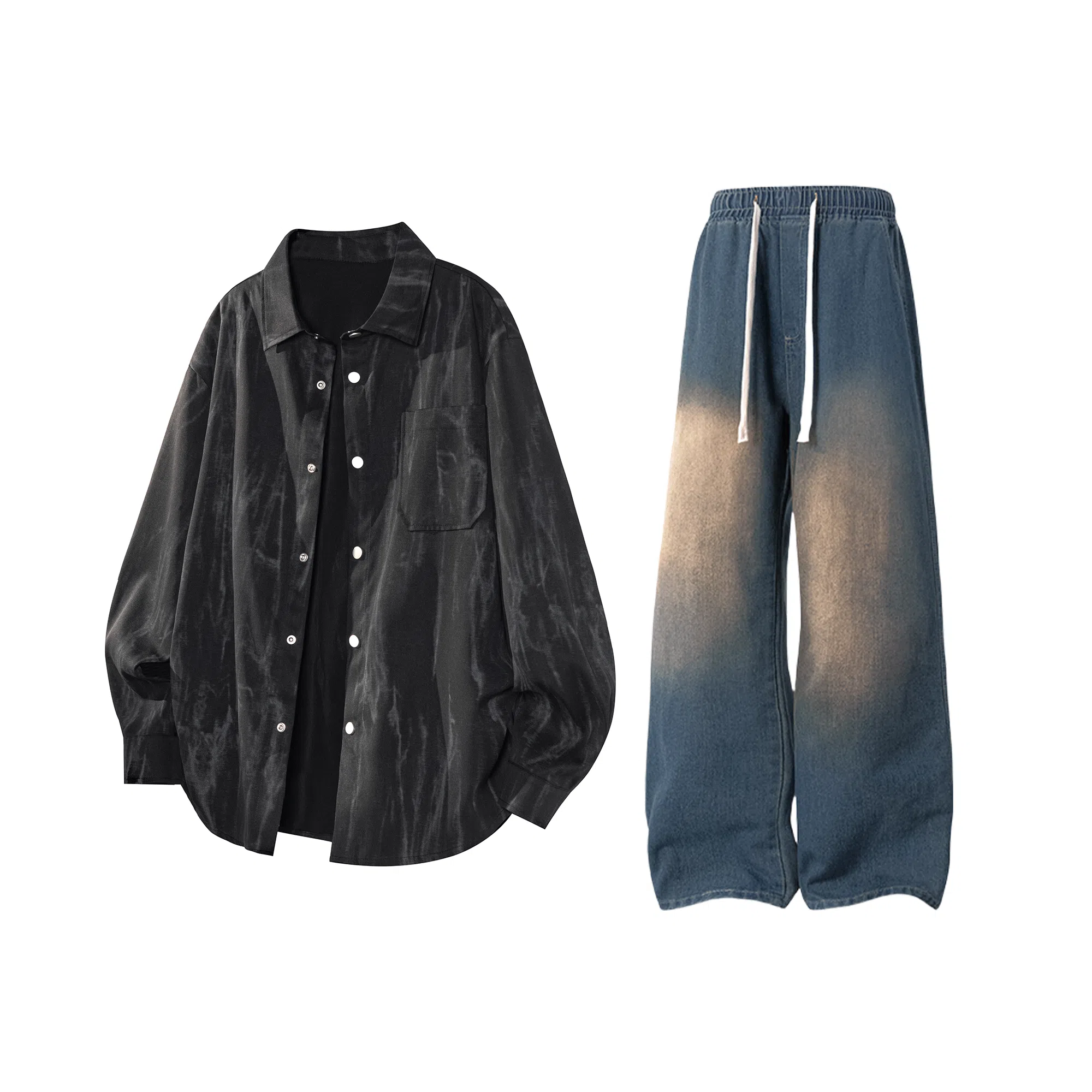【扎染翻领脏脏开衫裤子一套】布客行 纯色晕染点缀大码百搭长袖外套抽绳松紧腰口水洗做旧阔腿牛仔通勤长裤衬衫套装 男女同款