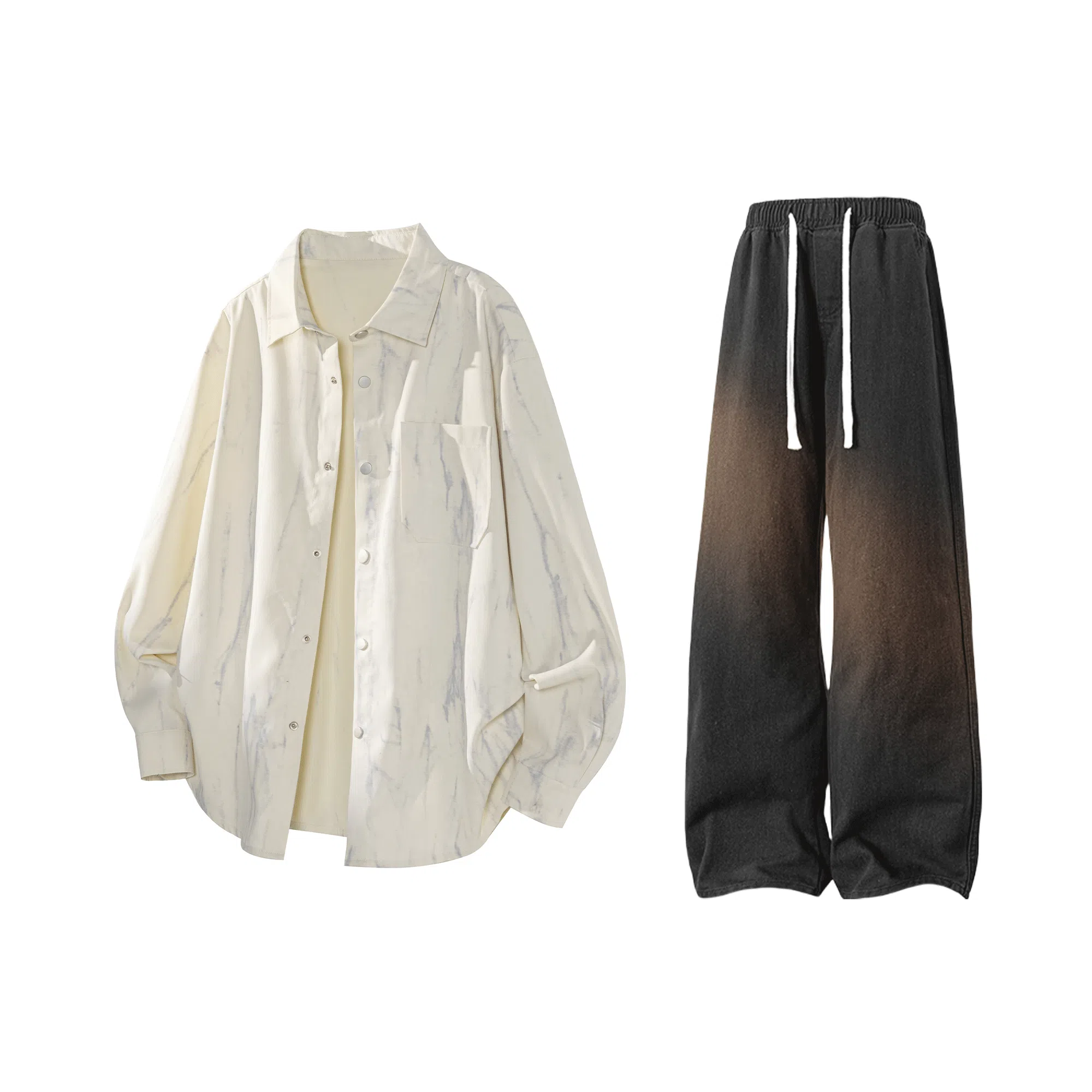 【扎染翻领脏脏开衫裤子一套】布客行 纯色晕染点缀大码百搭长袖外套抽绳松紧腰口水洗做旧阔腿牛仔通勤长裤衬衫套装 男女同款