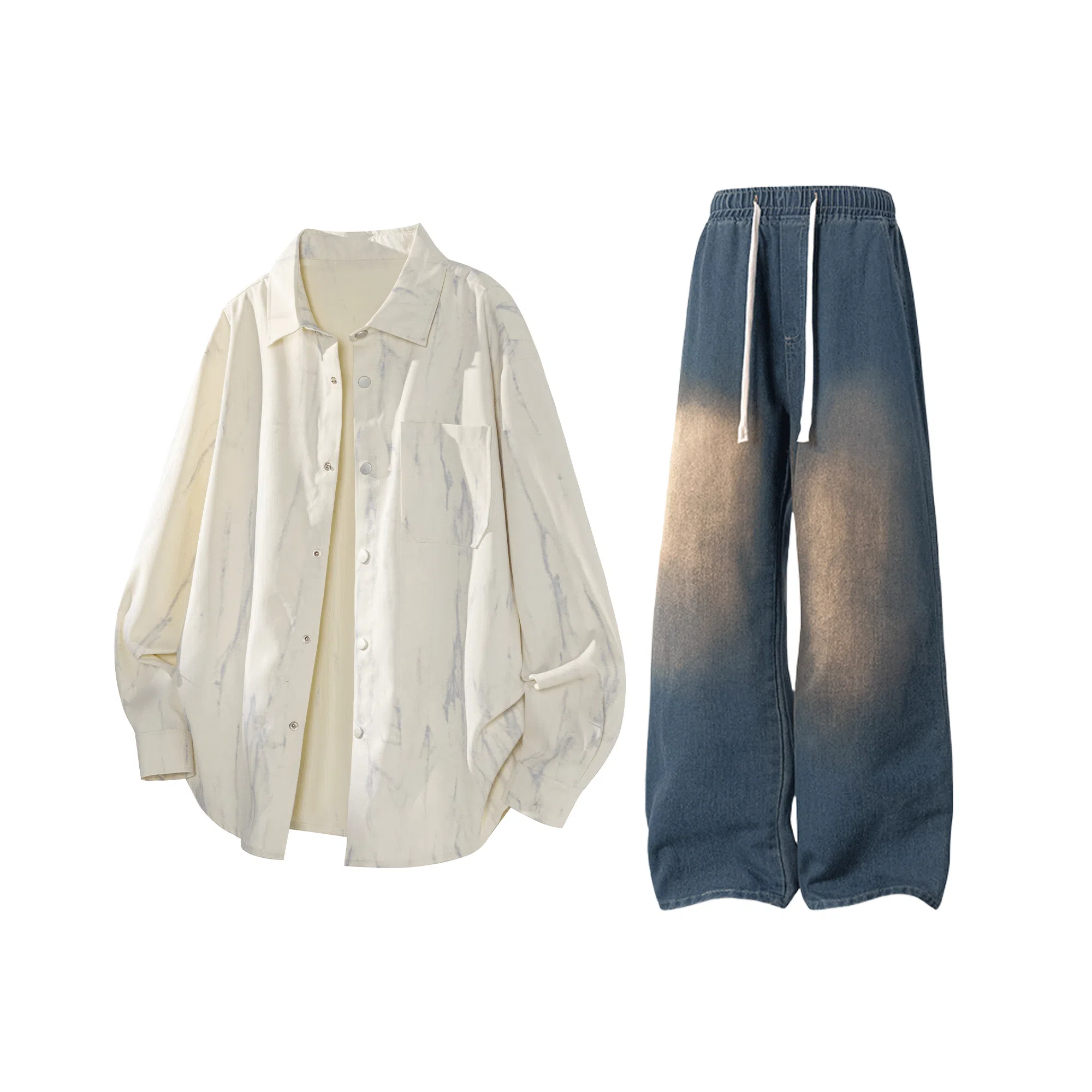 【扎染翻领脏脏开衫裤子一套】布客行 纯色晕染点缀大码百搭长袖外套抽绳松紧腰口水洗做旧阔腿牛仔通勤长裤衬衫套装 男女同款