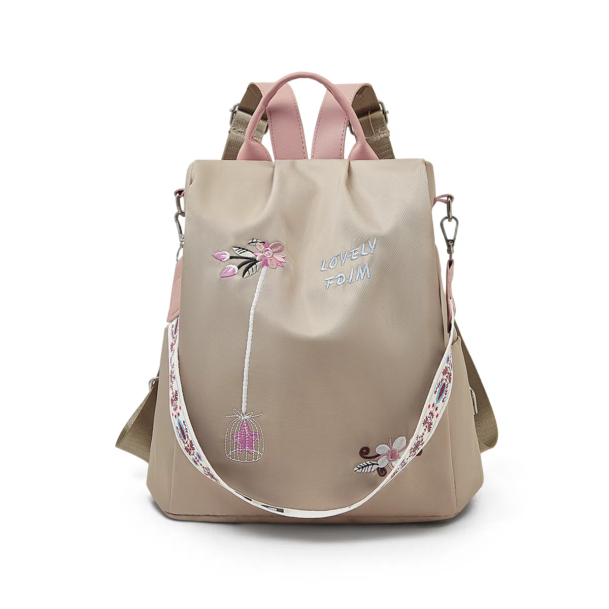 老人头 潮流刺绣百搭轻便通勤日常旅行背包 织物 双肩包 常规 女款 黑色/卡其色