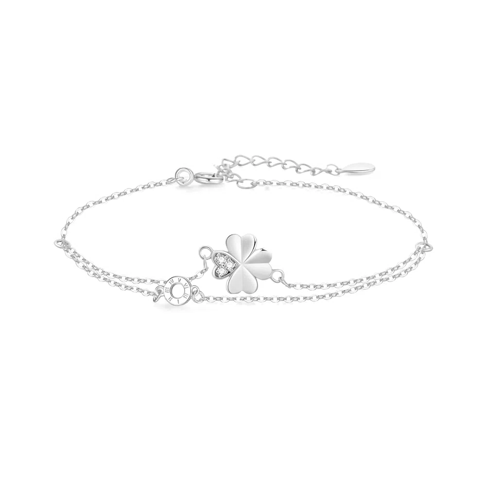 【999足银纯银 幸运四叶草】 福韵金 六桂福 好运草罗马数字圆环轻奢简约高级百搭闪耀精致甜美温柔日常通勤 银 手链 女款