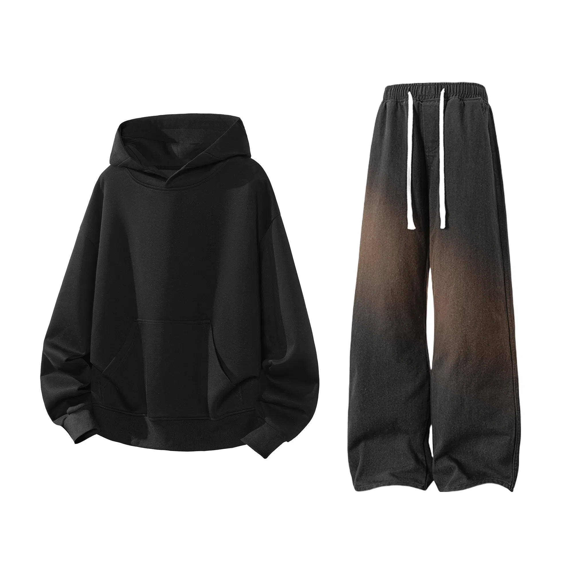 【港风大码重磅华棉外套牛仔裤一套】布客行 纯色宽松连帽长袖简约百搭亲肤舒适外穿抽绳水洗做旧复古感阔腿休闲长裤卫衣套装 男女同款