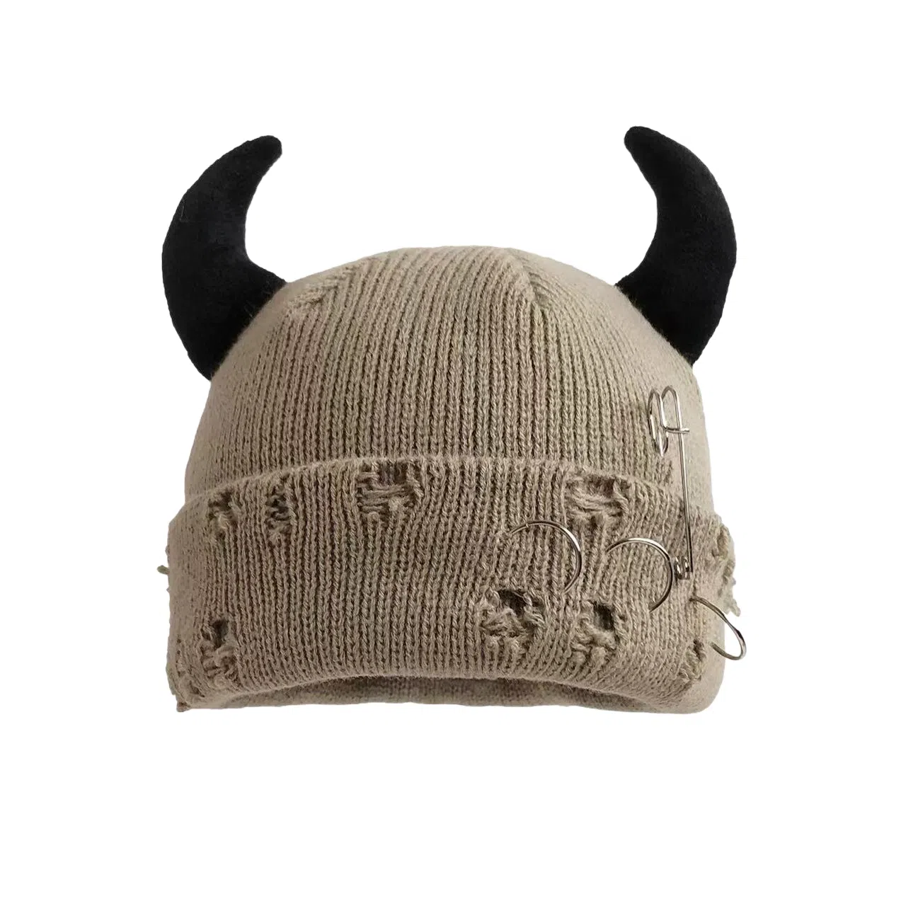 尚先生 秋冬恶魔角帽保暖针织帽万圣节别针破洞瓜皮帽#好运 毛线 牛角包头帽 男女同款情侣款