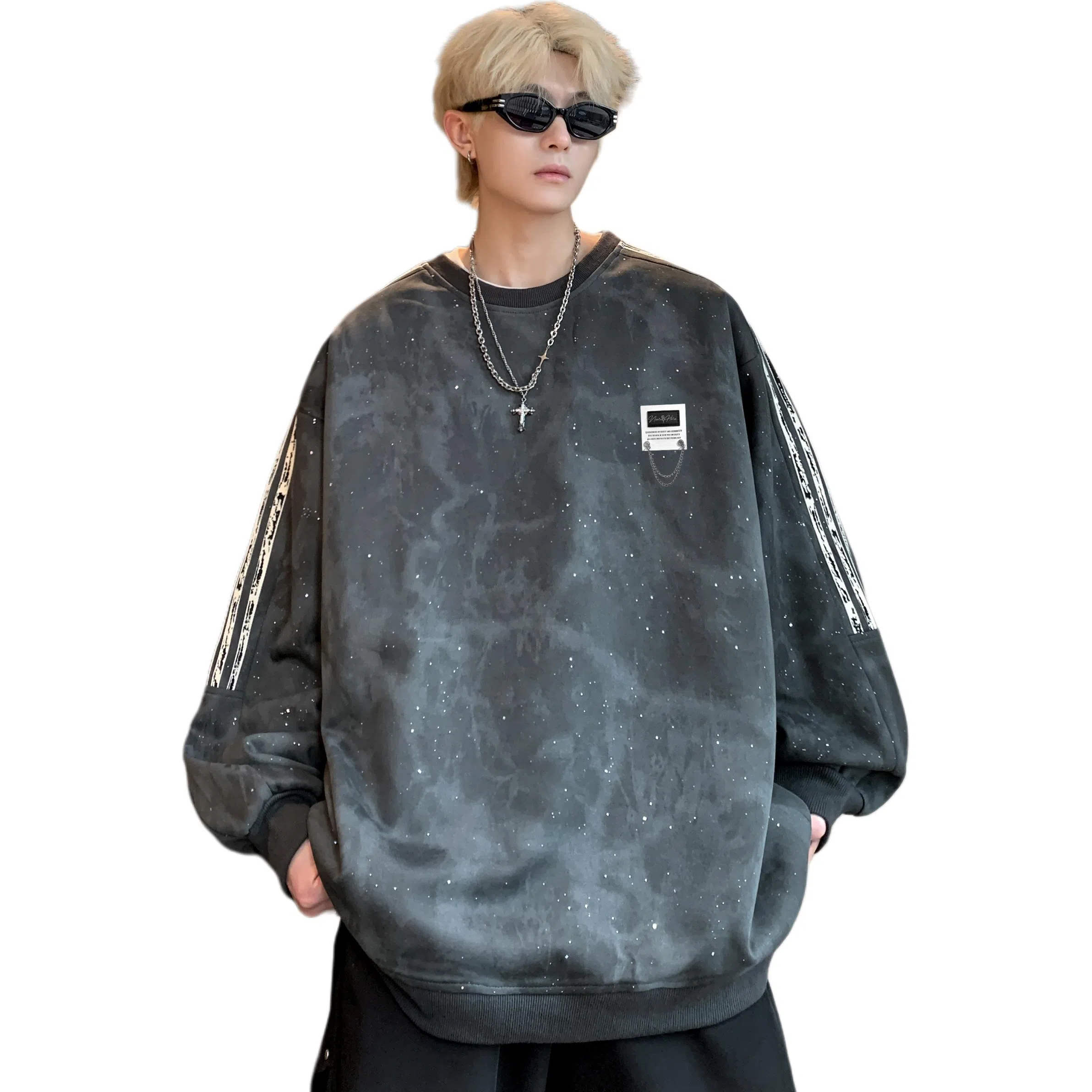 【满天星扎染满印拼接条纹】布客行 早秋开学穿搭可拆卸胸针潮牌复古美式高街国潮港风圆领落肩袖宽松舒适休闲多元素融合卫衣 男女同款