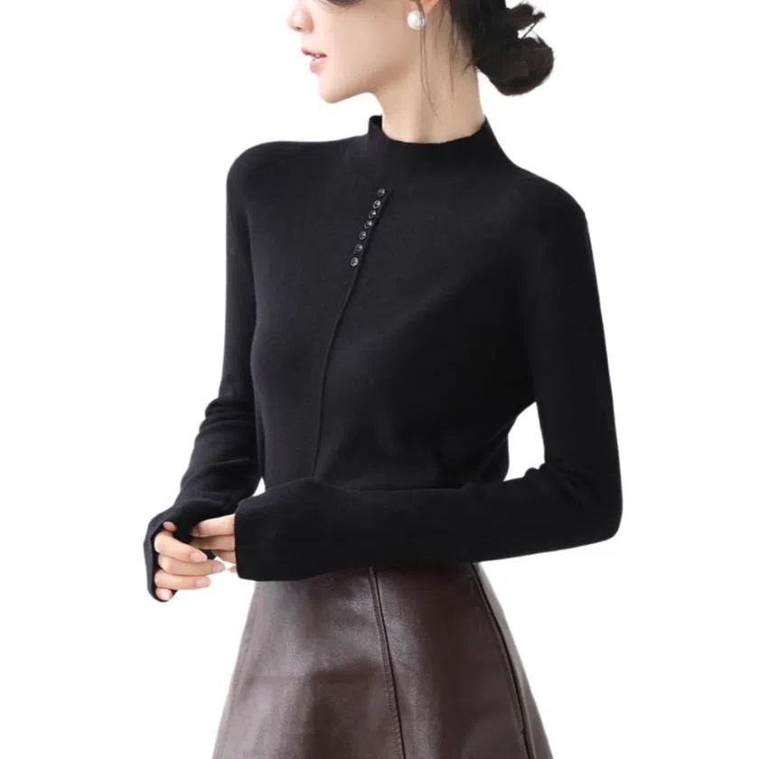 恒源祥 纯色修身适中半高领长袖针织衫 女款