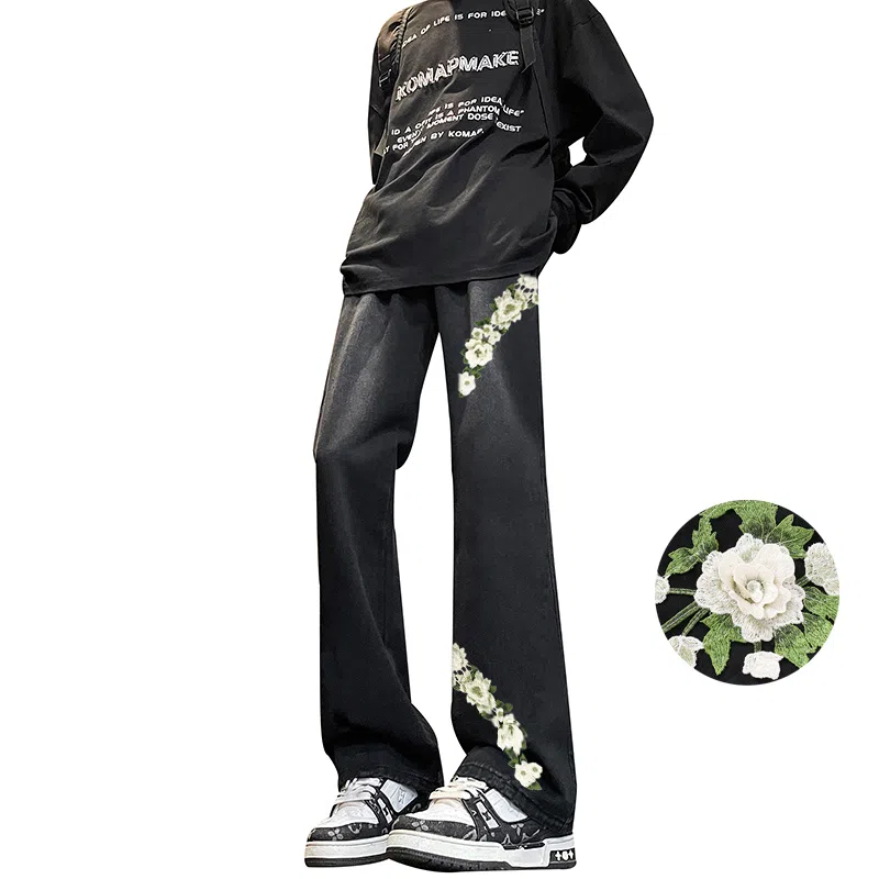 【万针刺绣3D立体花卉】布客行 重工美式复古水洗直筒基础款高街舒适亲肤透气休闲百搭微喇纯色长裤显高显瘦显腿长弹力牛仔裤 男女同款