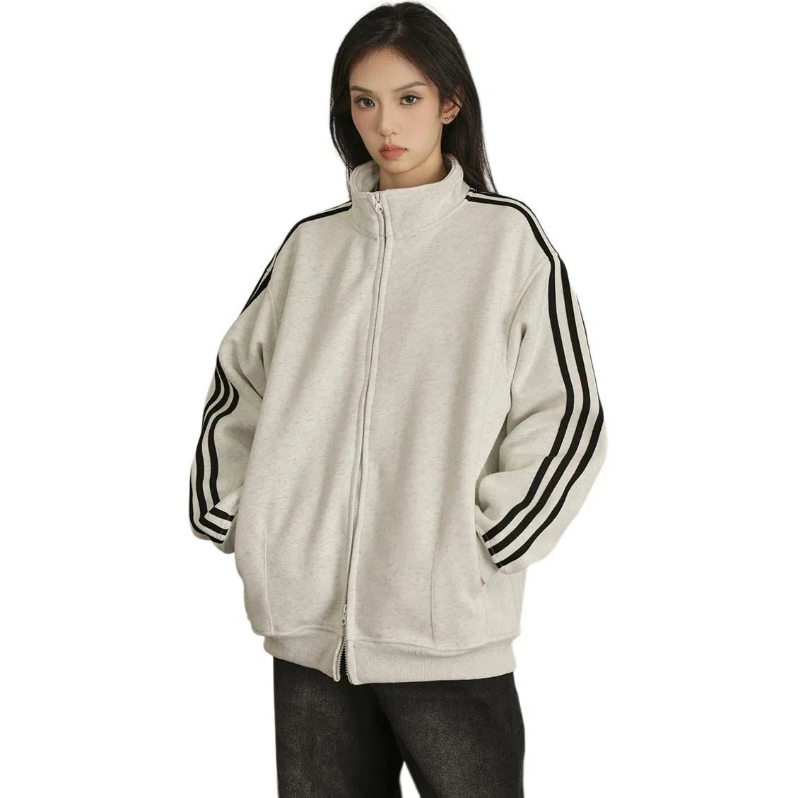 徐百货  潮牌百搭休闲复古秋季拉链上衣潮流三道杠开衫卫衣时尚运动外套棒球服 男女同款