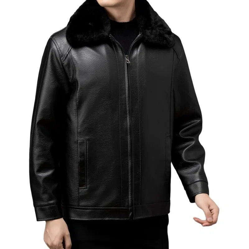 老爷车 冬季男加绒加厚可拆卸毛领中老年爸爸装夹克保暖外套皮衣 男款