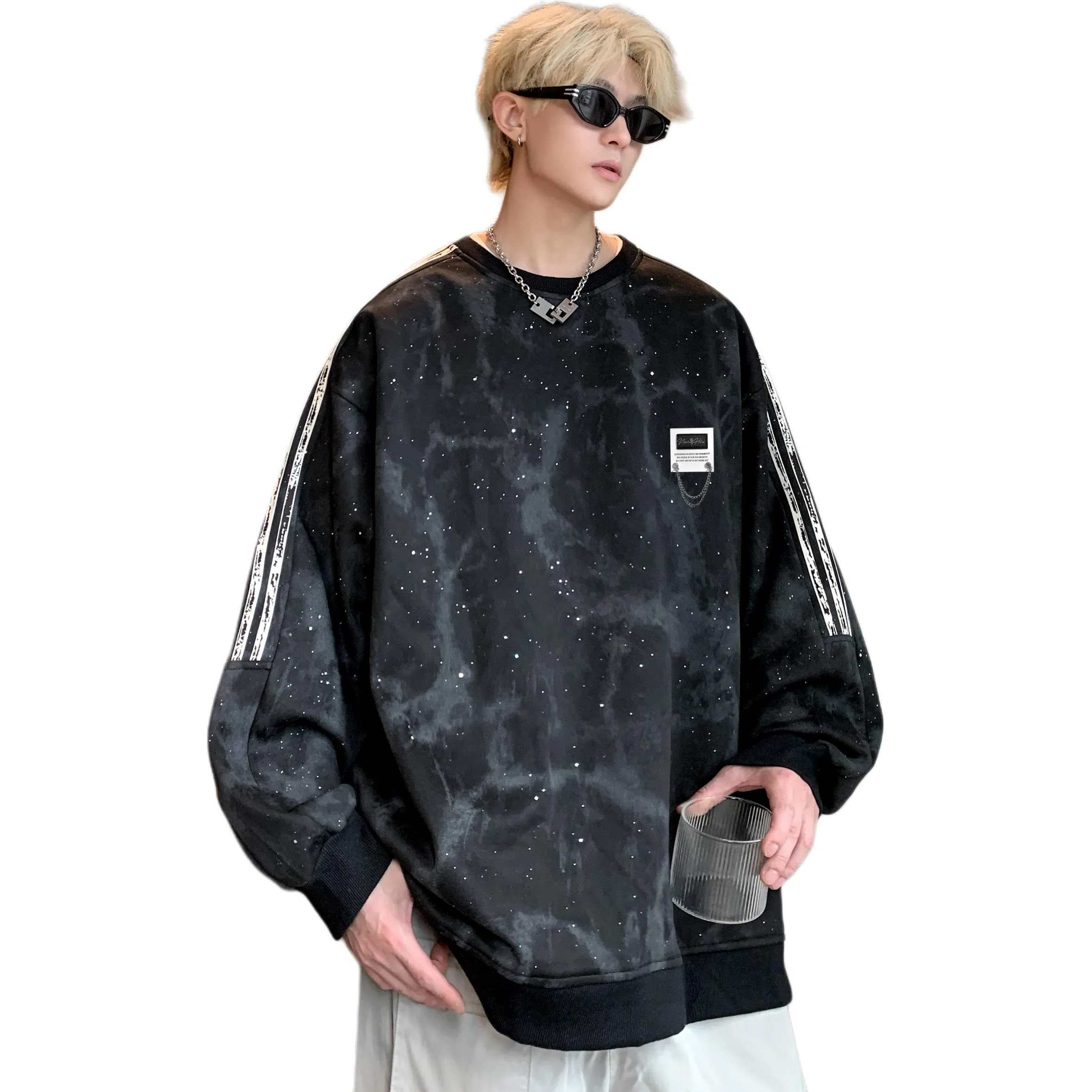 【满天星扎染满印拼接条纹】布客行 早秋开学穿搭可拆卸胸针潮牌复古美式高街国潮港风圆领落肩袖宽松舒适休闲多元素融合卫衣 男女同款