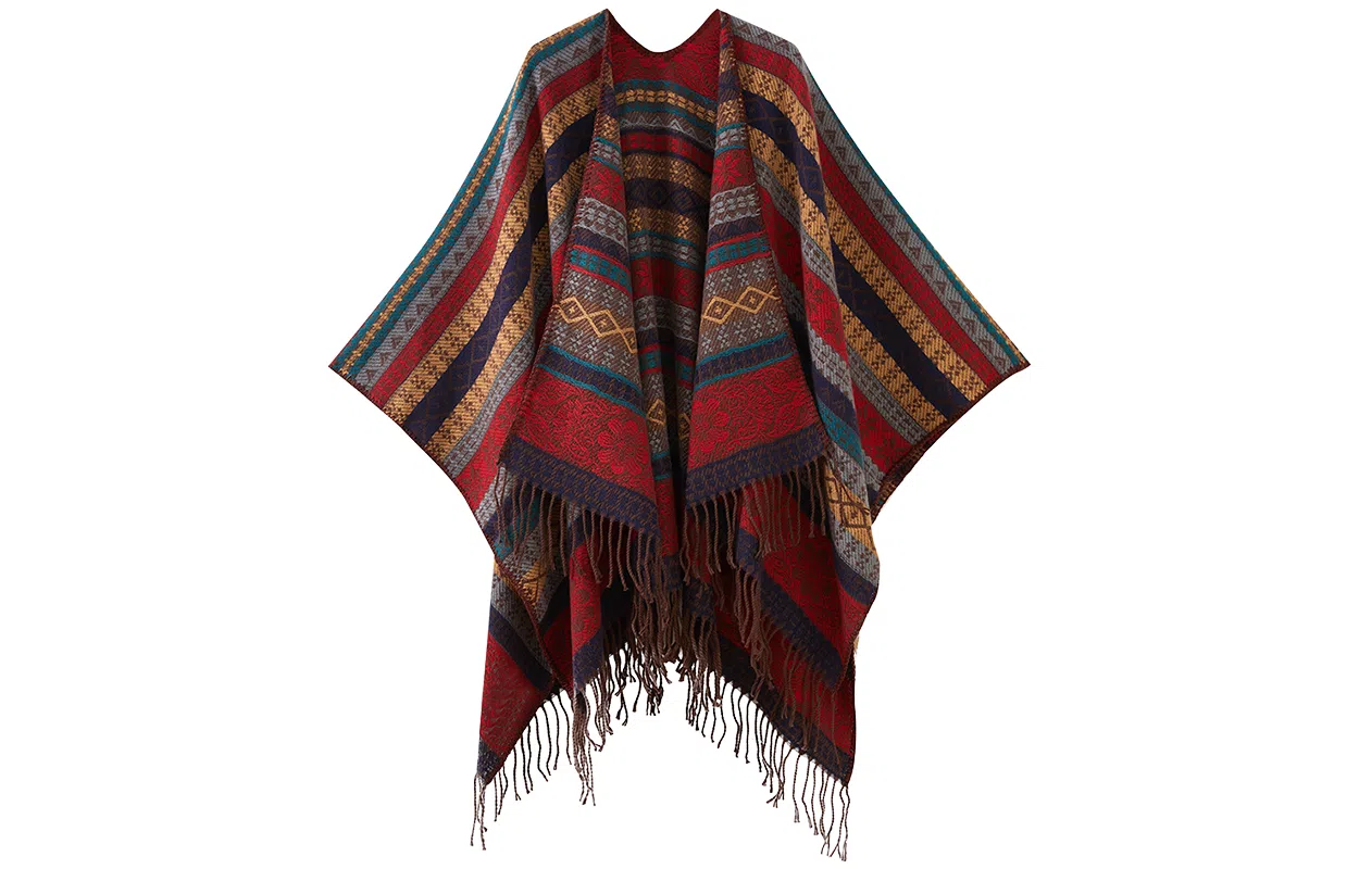 优幽兰 时尚百搭小众波西米亚风红色旅游女外搭复古民族风氛围感撞色西藏云南拍照披风斗篷空调房办公室保暖 披肩 女款