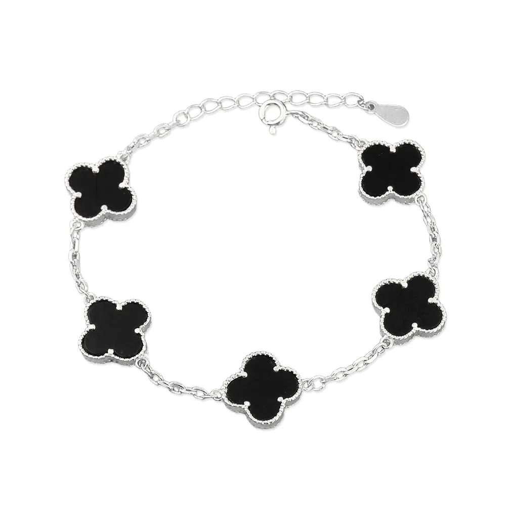 【S990足银纯银 好运加倍】 七七银饰 四叶草 浪漫五花 森系小清新高级感幸运叠戴 日常百搭通勤约会手饰  玛瑙 手链 女款