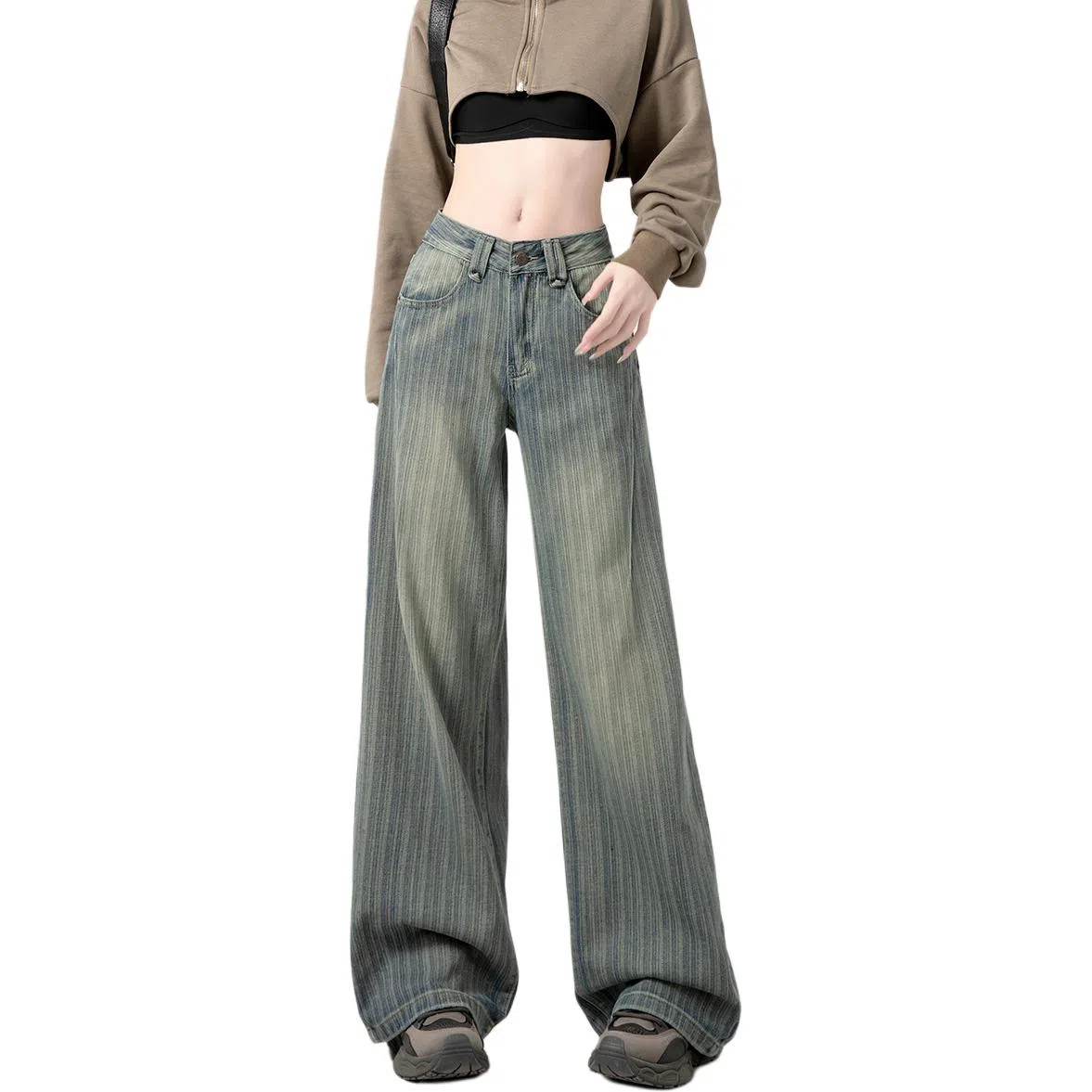 小卷要加油 复古阔腿夏季条纹宽松高腰牛仔裤 女款