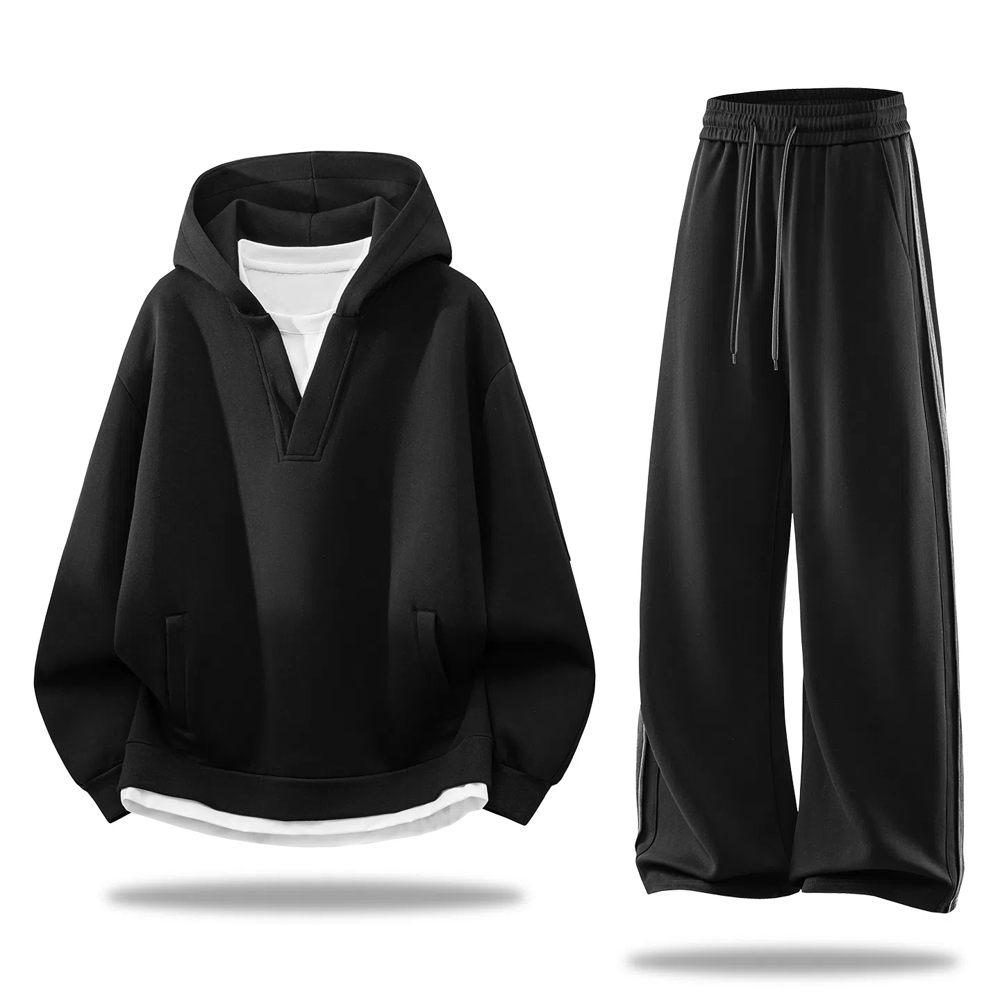 左岸 春秋学院风青少年时尚潮牌宽松带帽假两件卫衣卫裤两件套柔软舒适透气搭配一整套长裤休闲运动套装 男款