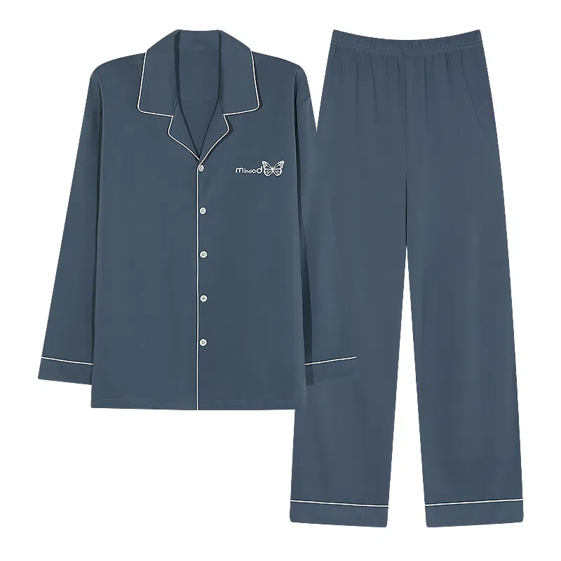 莫代尔 韩版个性耐穿纯棉翻领开衫百搭轻盈透气长袖长裤家居服男士睡衣套装 男款