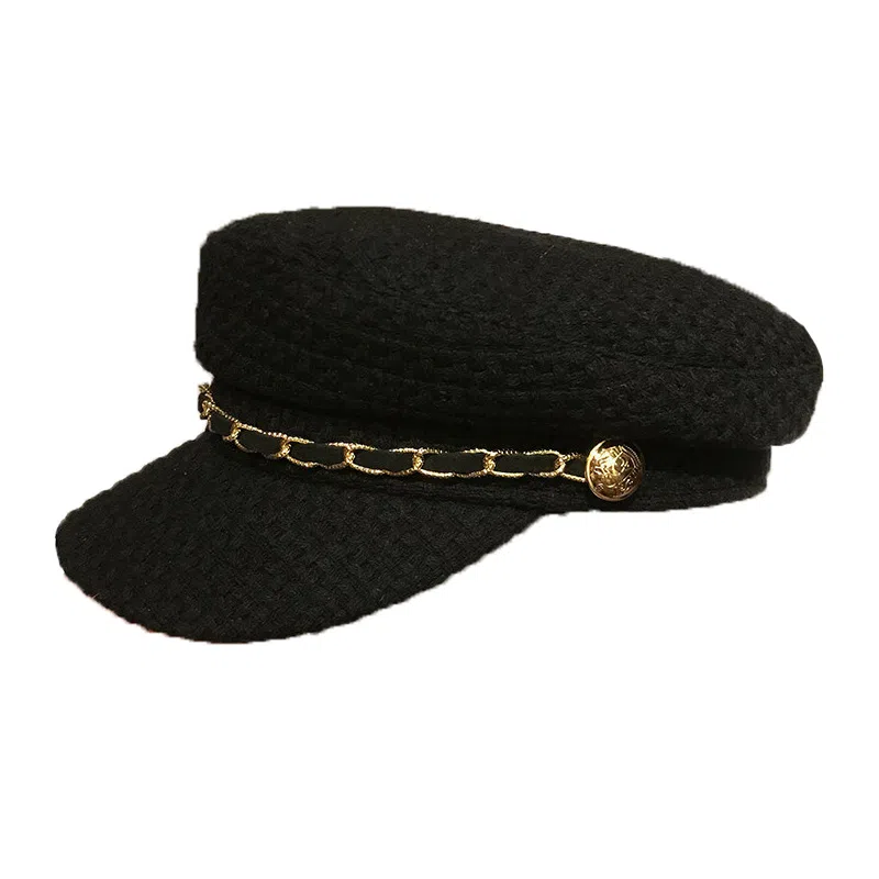 祎步康 日系秋冬季英伦平顶海军帽复古时尚链条鸭舌帽韩版百搭八角贝雷帽 聚酯纤维 帽子 女款
