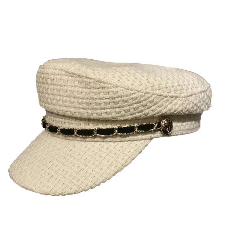 祎步康 日系秋冬季英伦平顶海军帽复古时尚链条鸭舌帽韩版百搭八角贝雷帽 聚酯纤维 帽子 女款